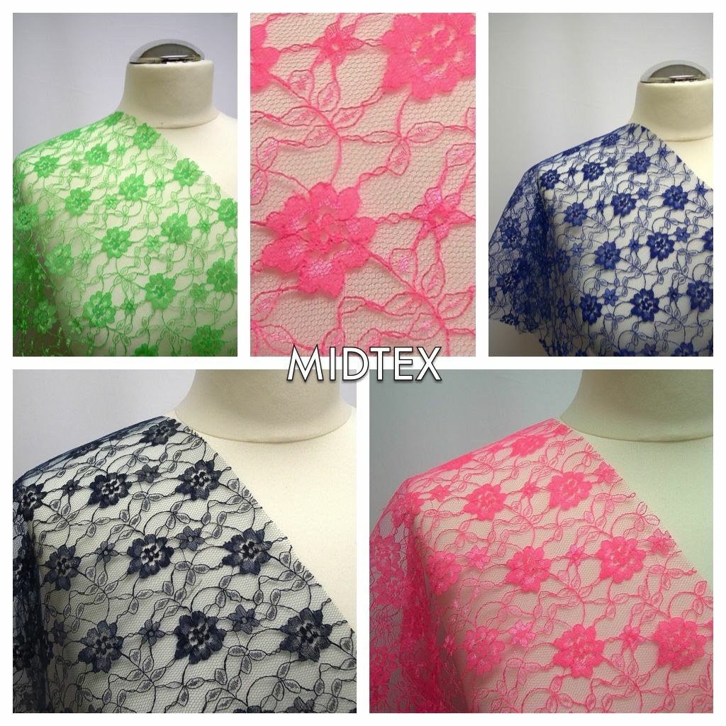 Assorted floral lace net fabrics presented on mannequin torsos, showcasing different colors such as green, pink, and blue.