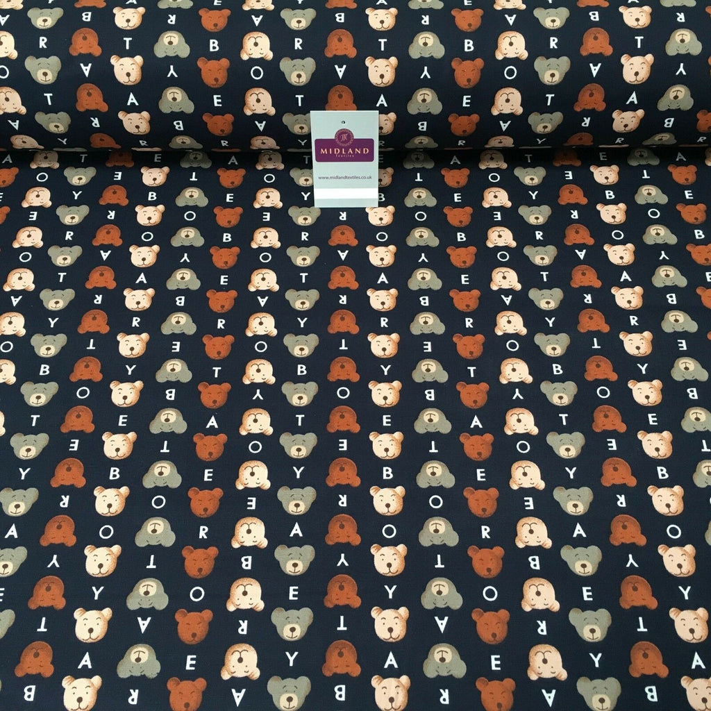 100% Cotton Canvas Navy Blue Teddy Bear printed Craft Fabric 58