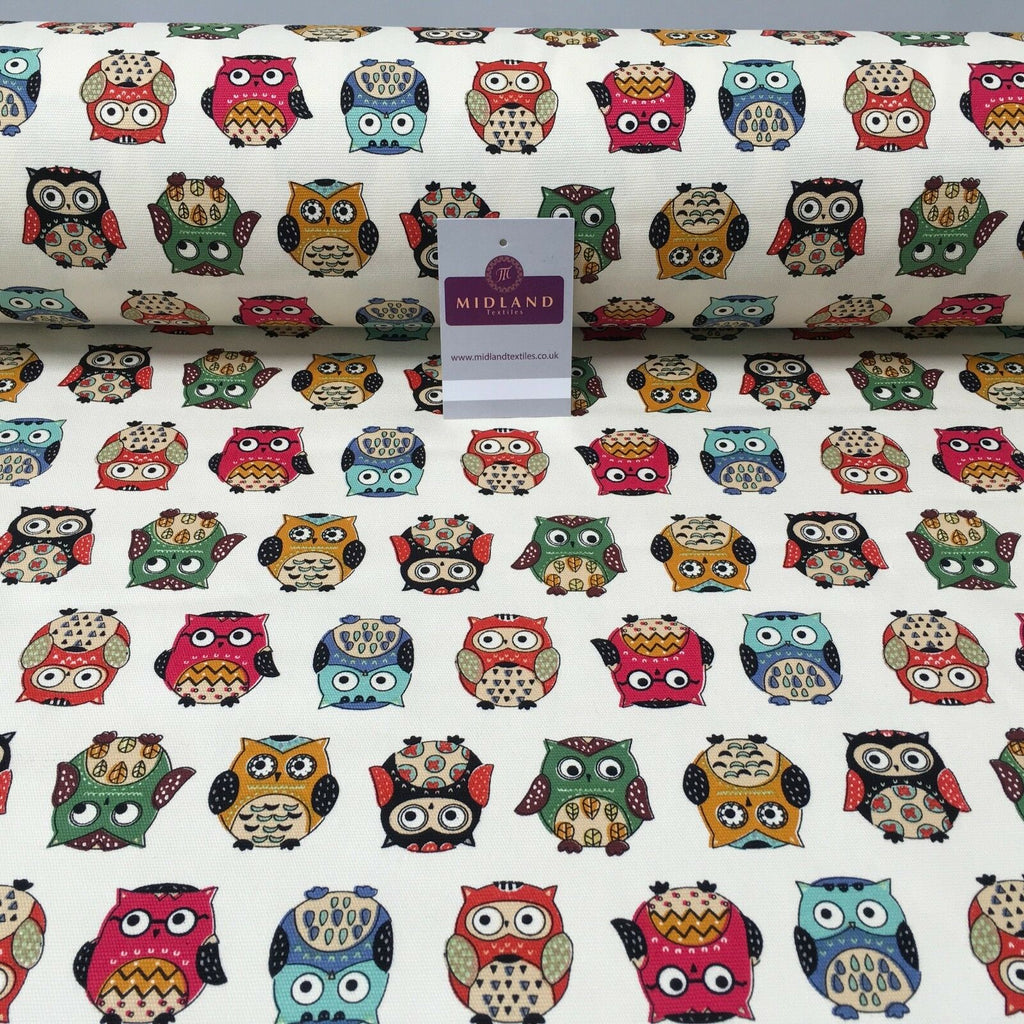 100% Cotton Canvas Cream Multicoloured Owl Printed Fabric 58