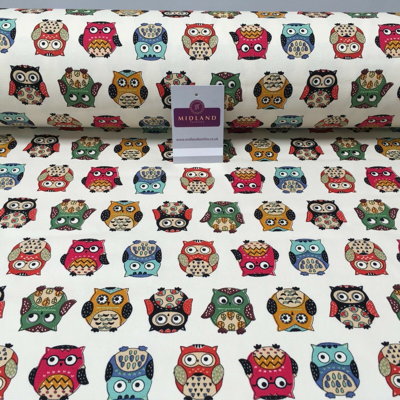 100% Cotton Canvas Cream Multicoloured Owl Printed Fabric 58' Wide Mtex MK856-11