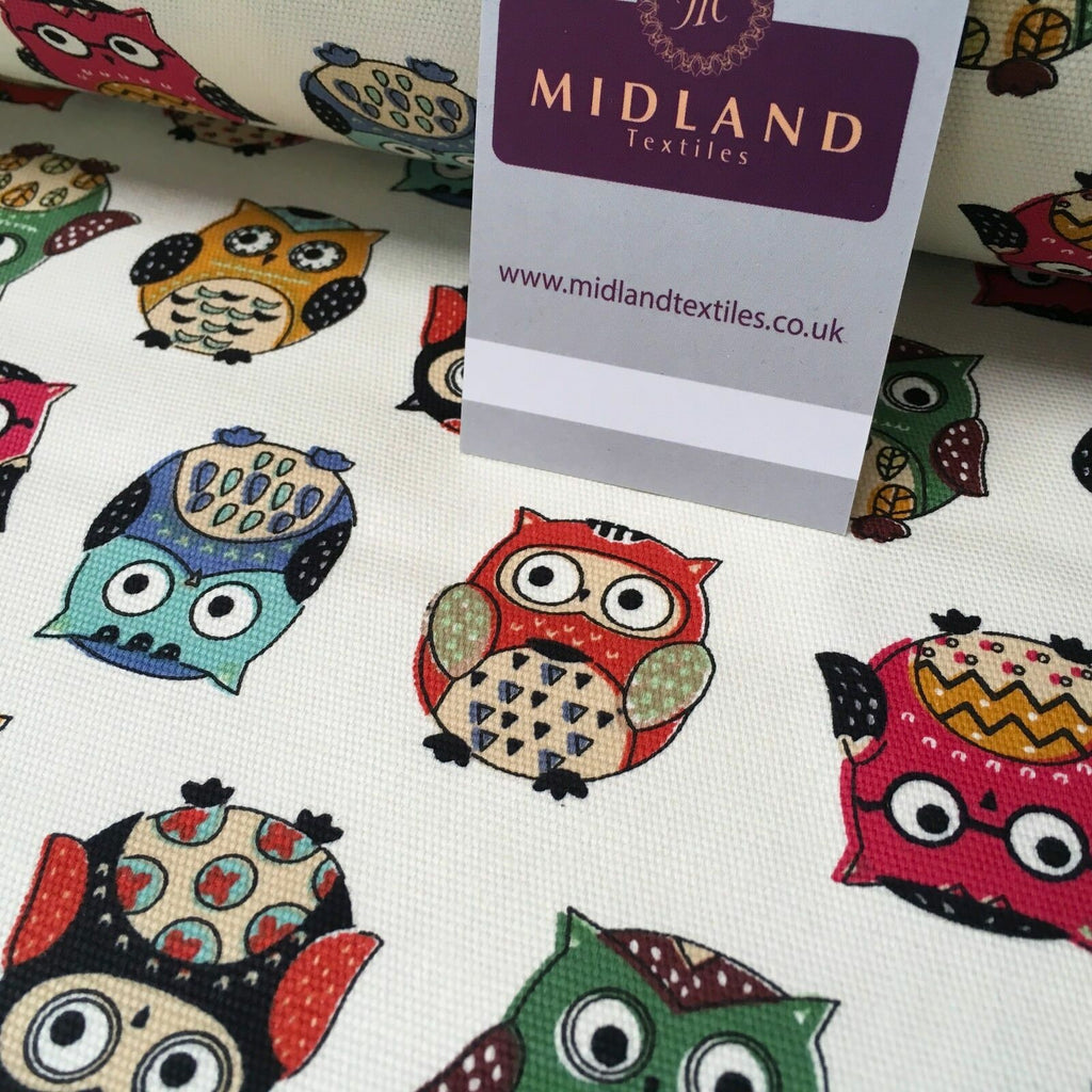 100% Cotton Canvas Cream Multicoloured Owl Printed Fabric 58