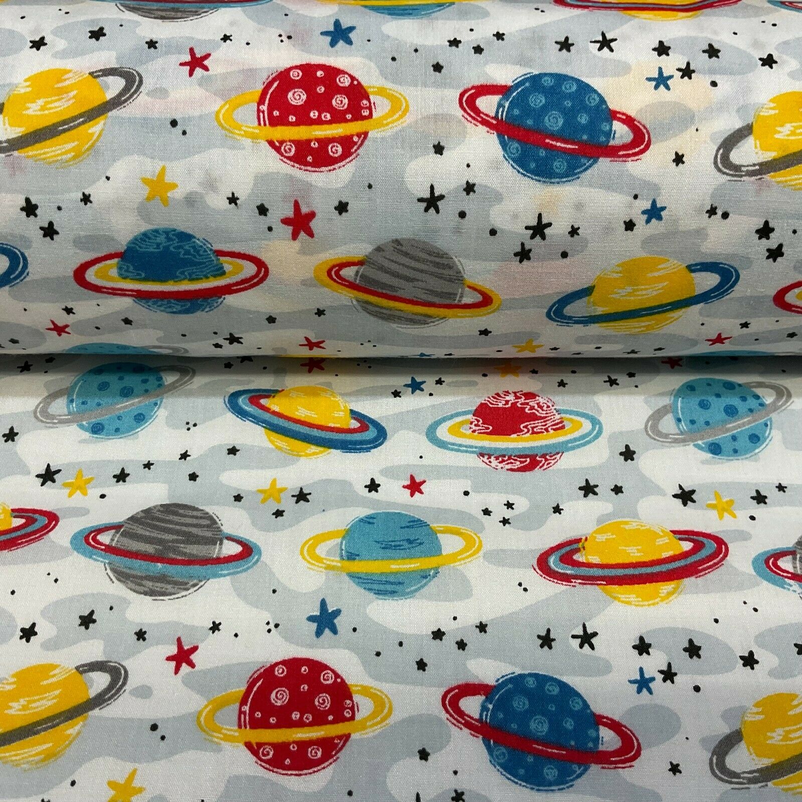 White Grey Planets Solar System Poly cotton printed lightweight fabric M1635