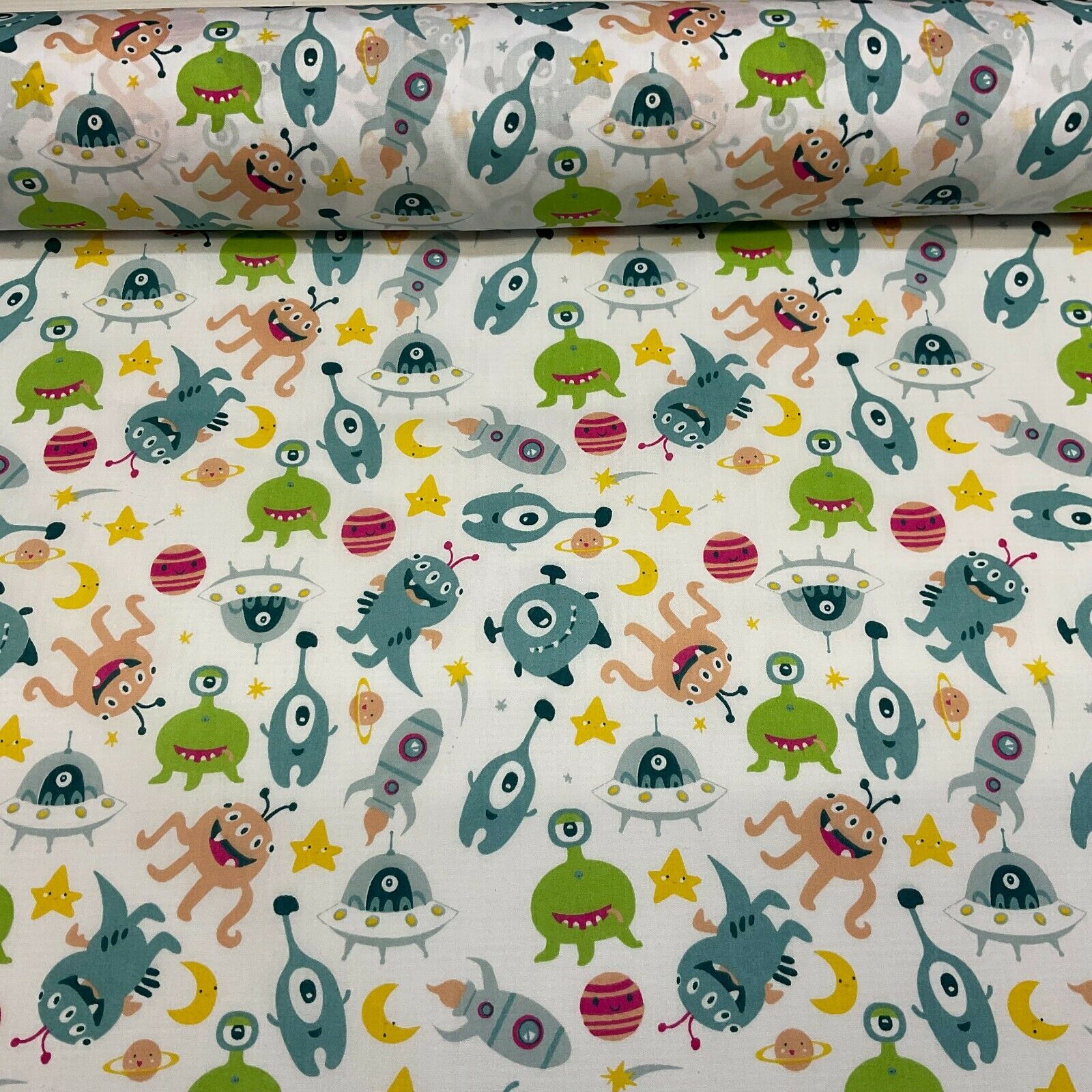 White Aliens Monsters Children's Poly cotton printed lightweight fabric M1636