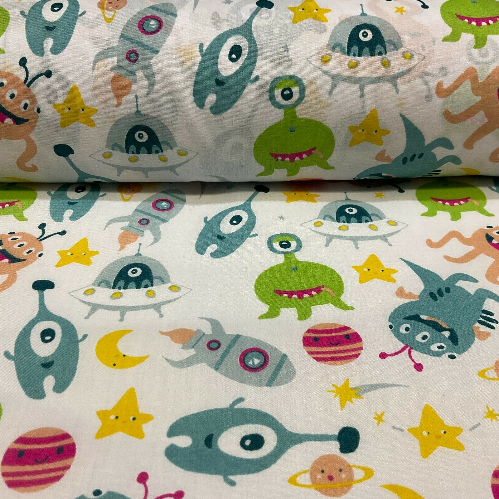 White Aliens Monsters Children's Poly cotton printed lightweight fabric M1636