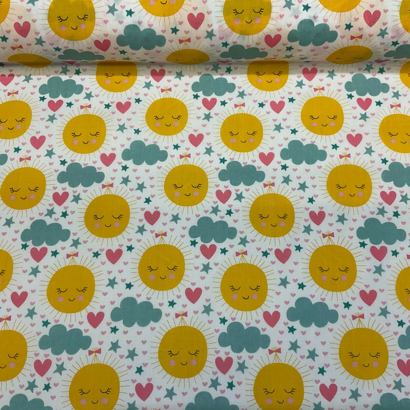 White Sunshine sun Children Poly cotton printed lightweight fabric M1631