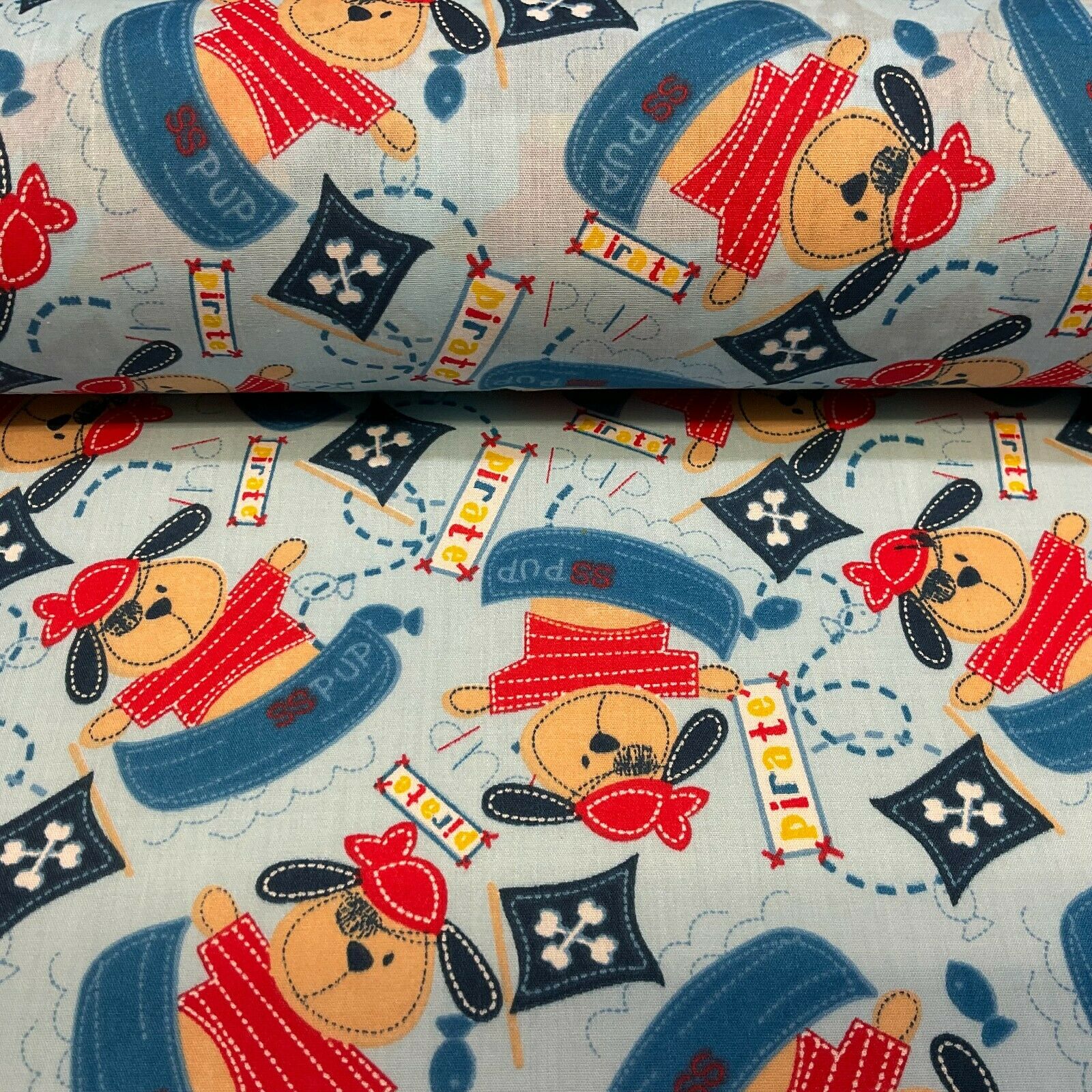 Blue Pirate Puppy Novelty Children Poly cotton printed lightweight fabric M1626
