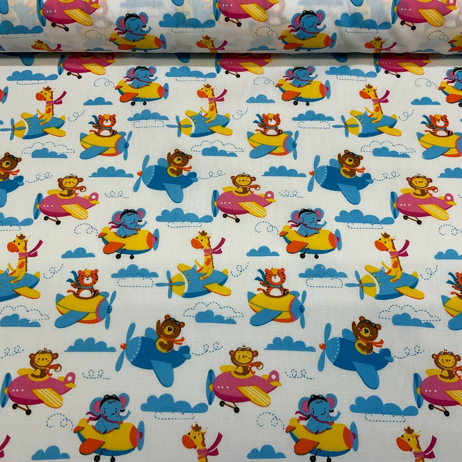 White Teddy Animal Aviators Flying Poly cotton printed lightweight fabric M1633