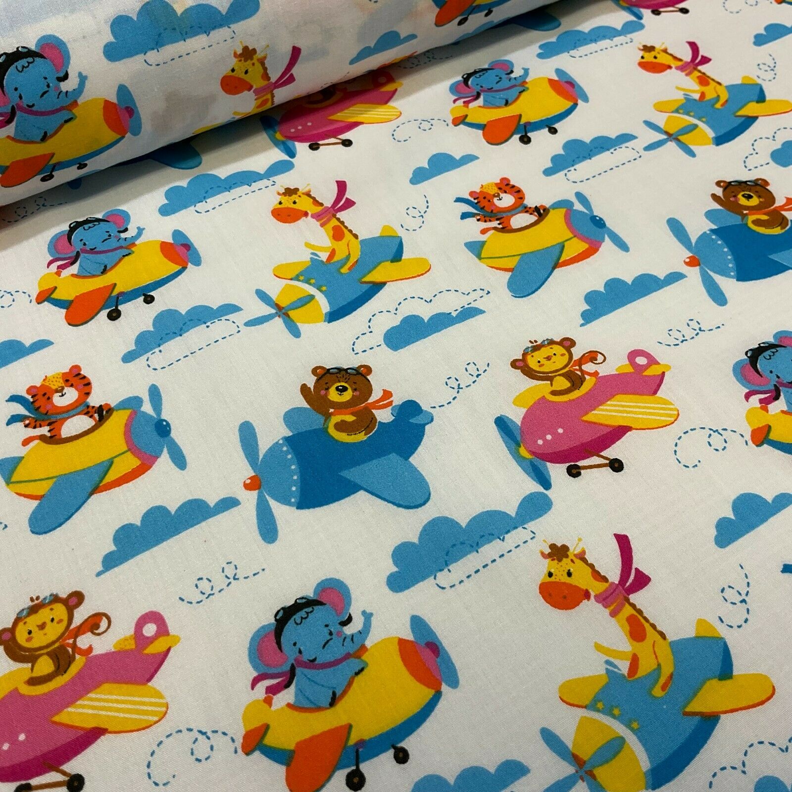 White Teddy Animal Aviators Flying Poly cotton printed lightweight fabric M1633