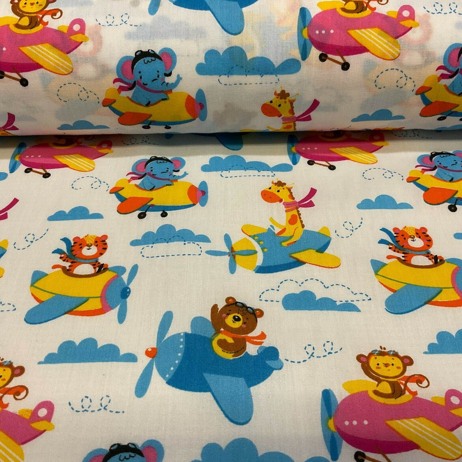 White Teddy Animal Aviators Flying Poly cotton printed lightweight fabric M1633