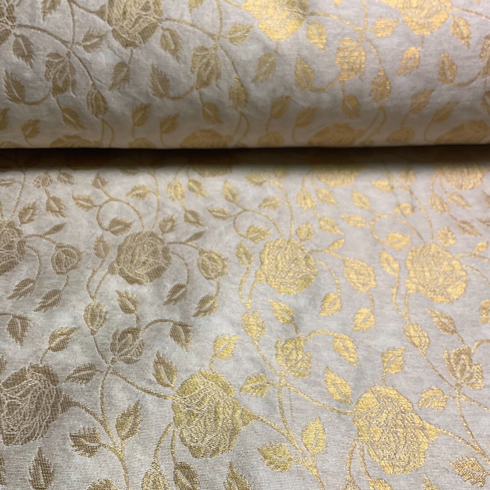 Ivory white brocade tussar silk floral printed dress fabric M1661