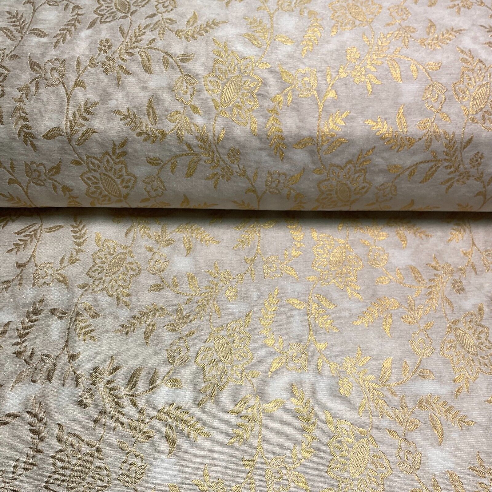 Ivory white brocade tussar silk floral printed dress fabric M1661