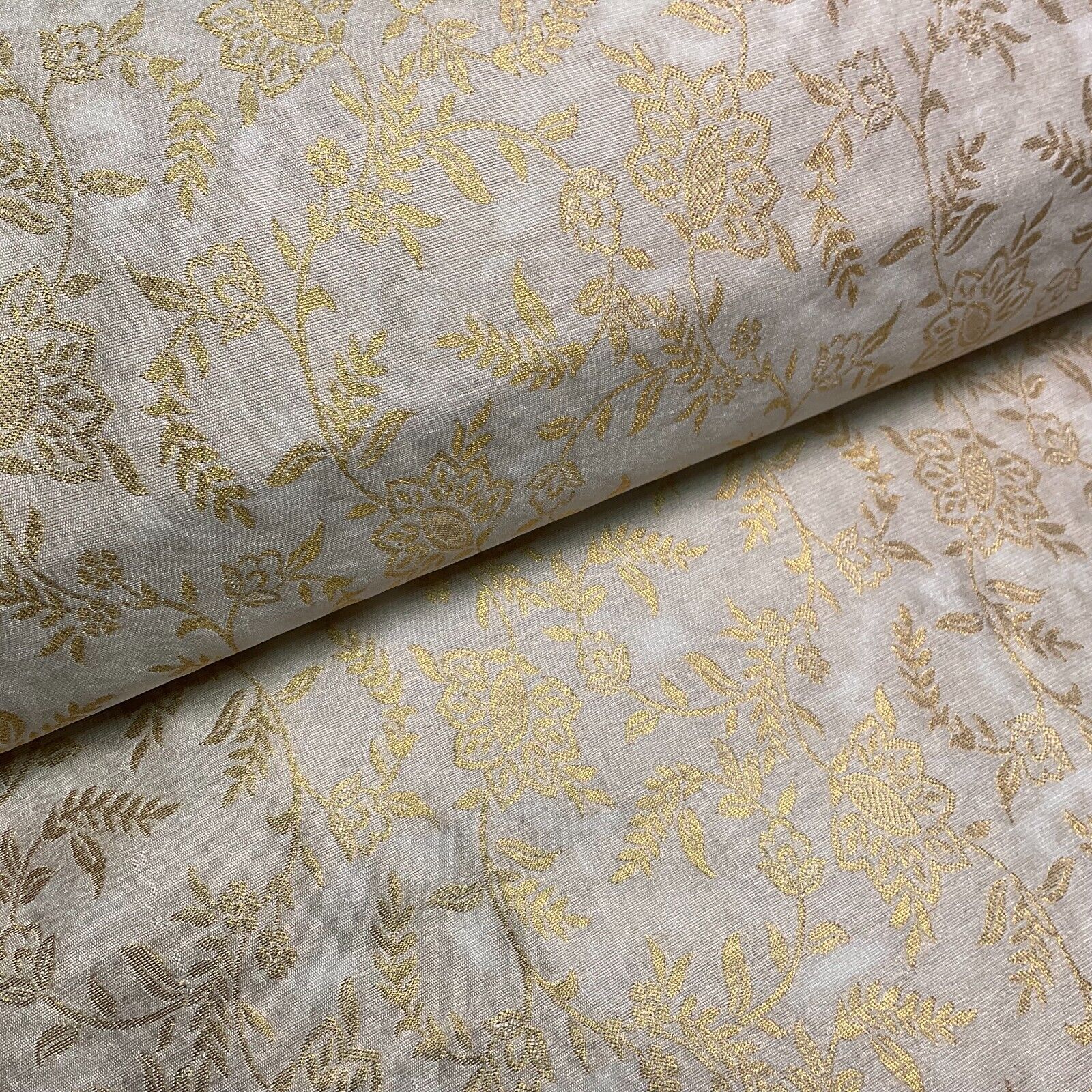 Ivory white brocade tussar silk floral printed dress fabric M1661