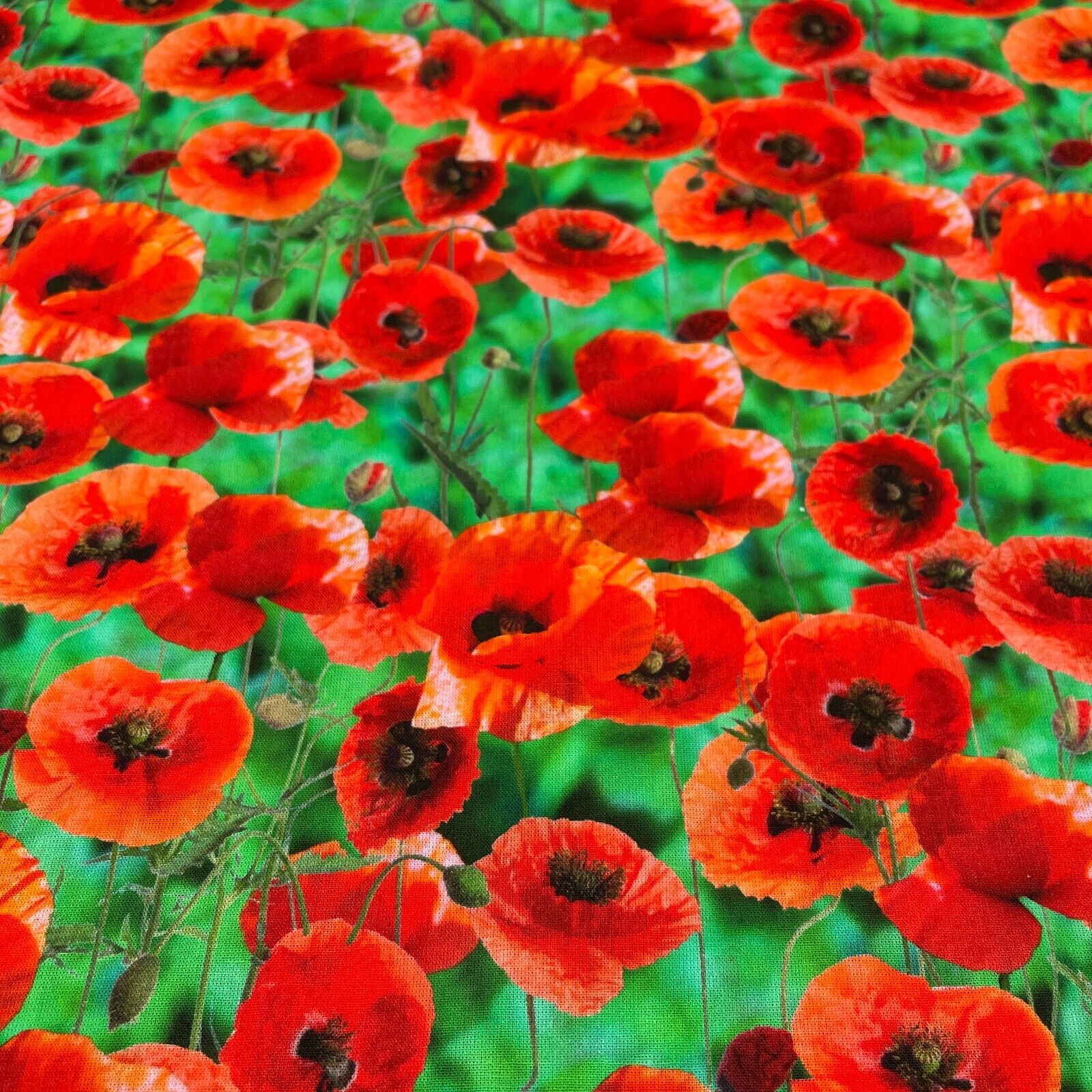 Cotton Poppy fabric Emerald Green & Red Floral printed dress poplin M1695