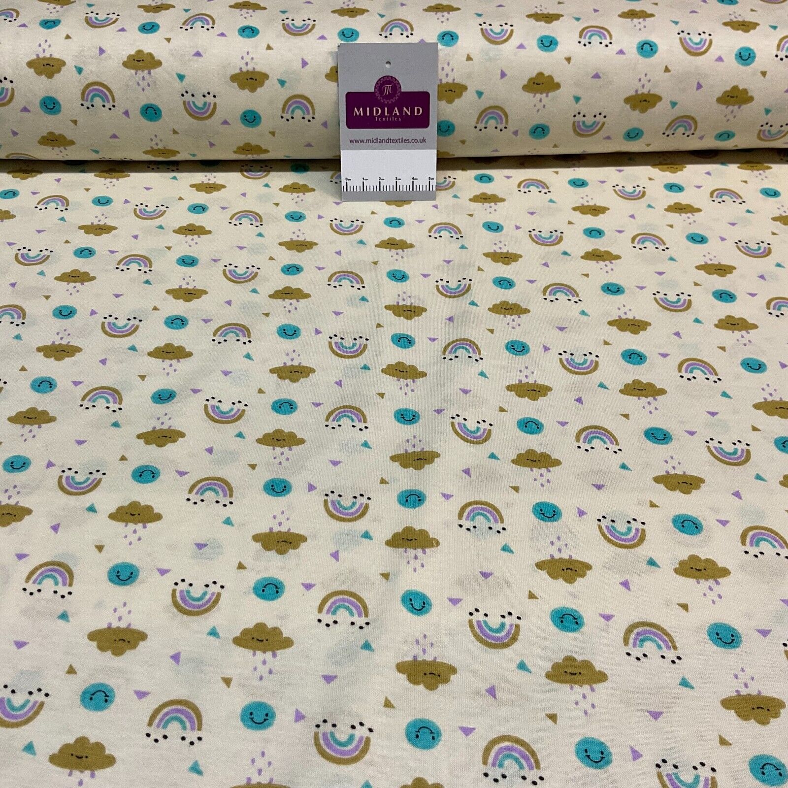 Children's Happy Rainbow Cloud cotton stretch jersey novelty dress fabric M1714