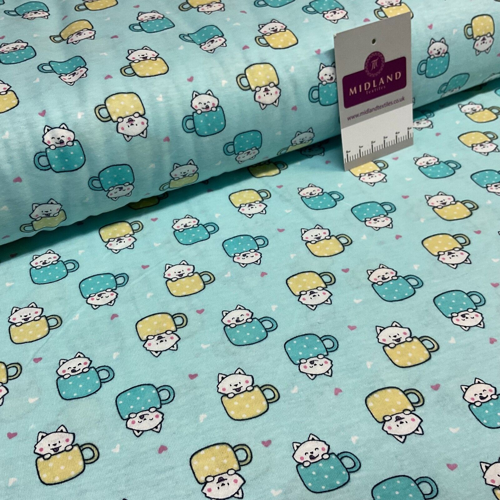 Children's Kitten Kitty Cup cotton stretch jersey novelty dress fabric M1716