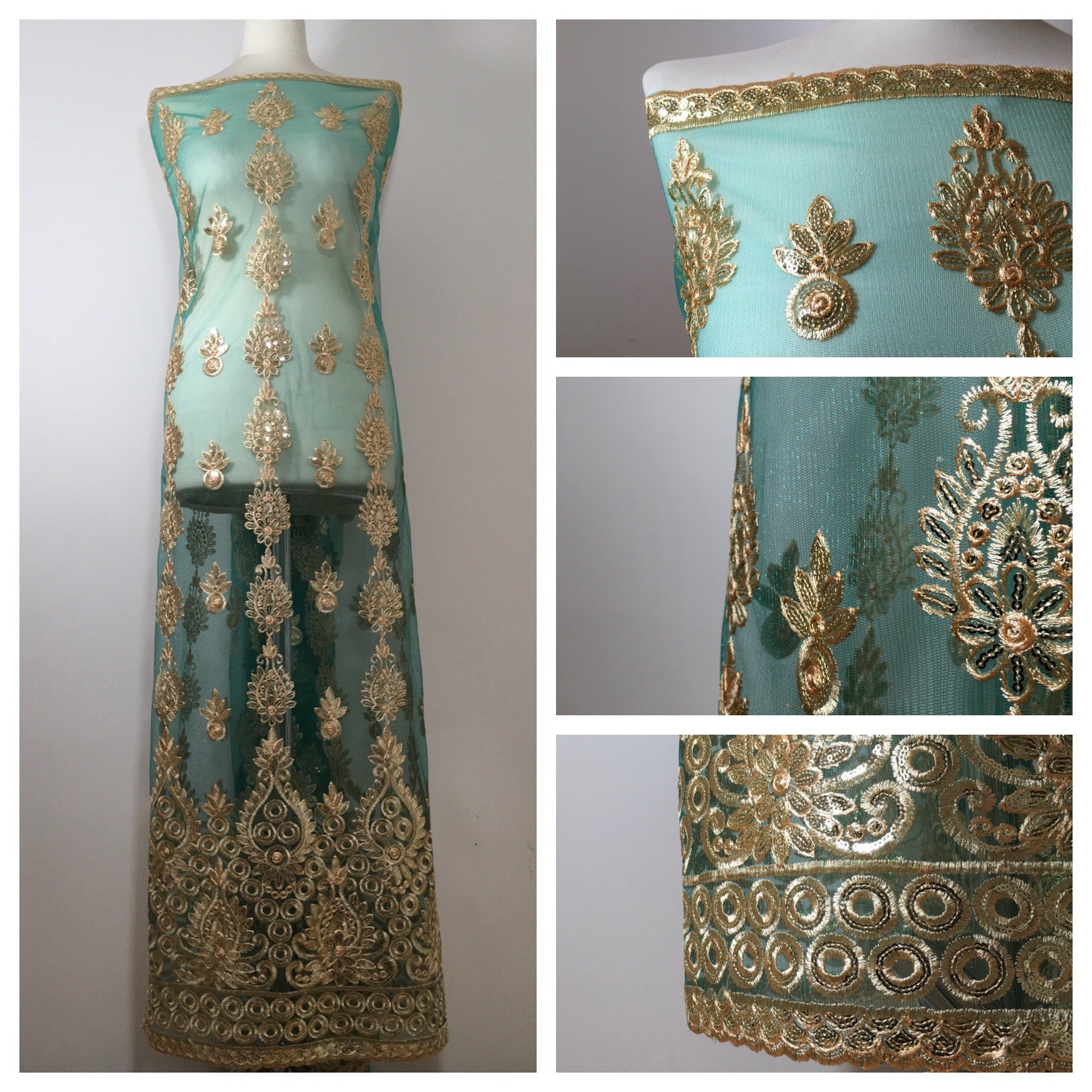 Golden Embroidered Scalloped edge Dress tulle net Fabric 55' Wide M799 Mtex