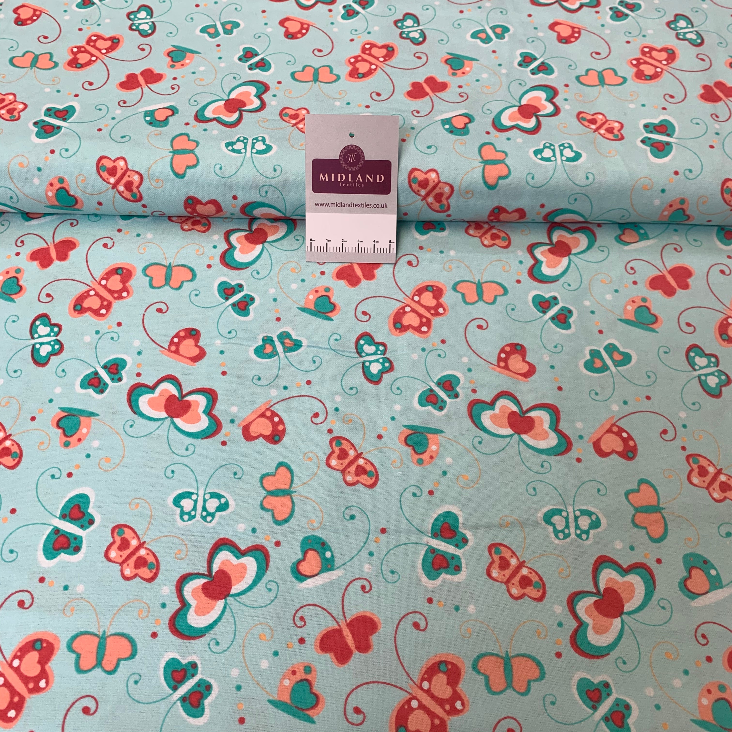 Aqua Mint Butterfly Cotton Wynciette Soft Brushed Fabric 110 cm Wide MK1227-7