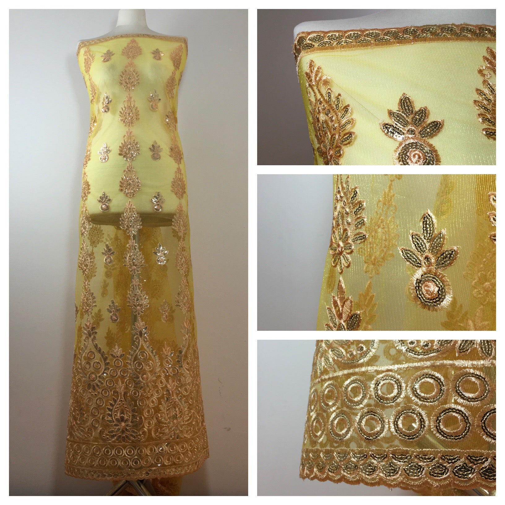 Golden Embroidered Scalloped edge Dress tulle net Fabric 55' Wide M799 Mtex