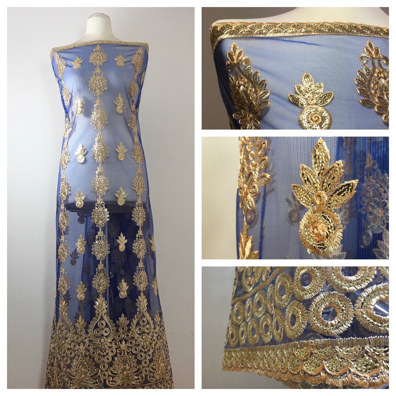 Golden Embroidered Scalloped edge Dress tulle net Fabric 55' Wide M799 Mtex