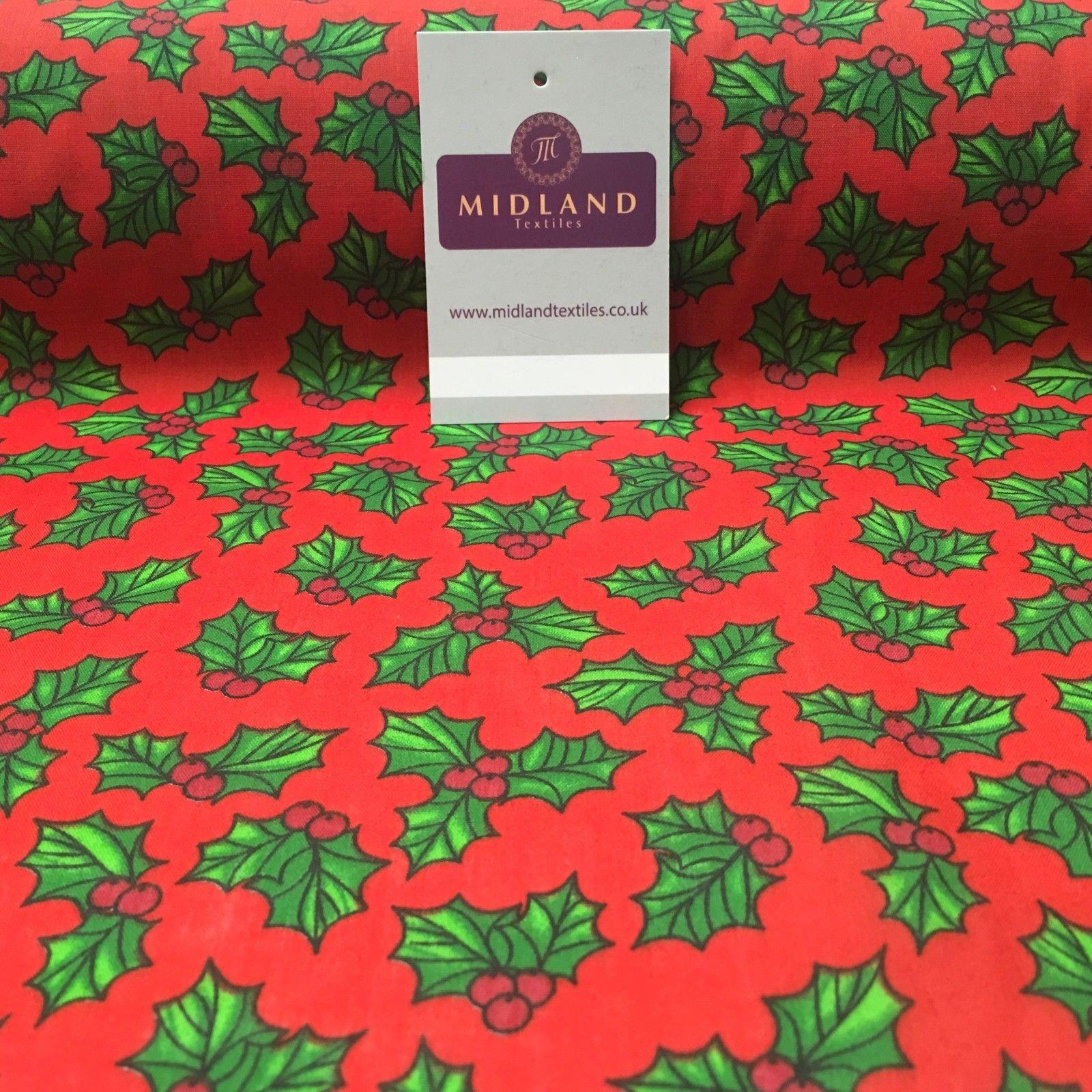 Holly Berry Leaves Christmas printed Polycotton fabric 45' Wide MD944 Mtex
