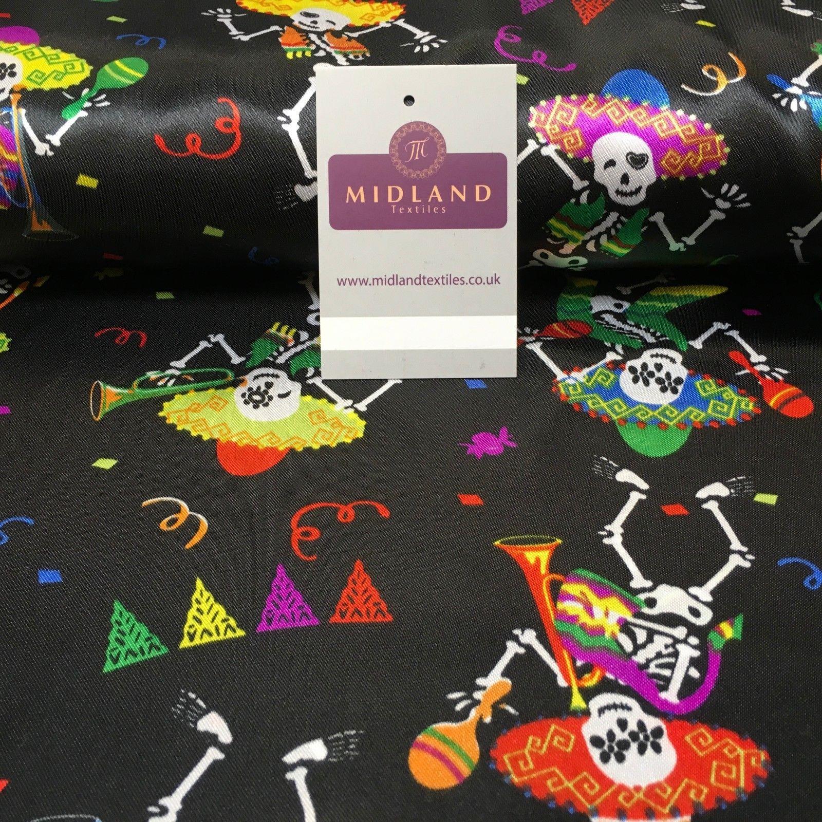 Black Satin Printed Mexican Halloween Skeleton Fabric 58' Wide MH950 Mtex