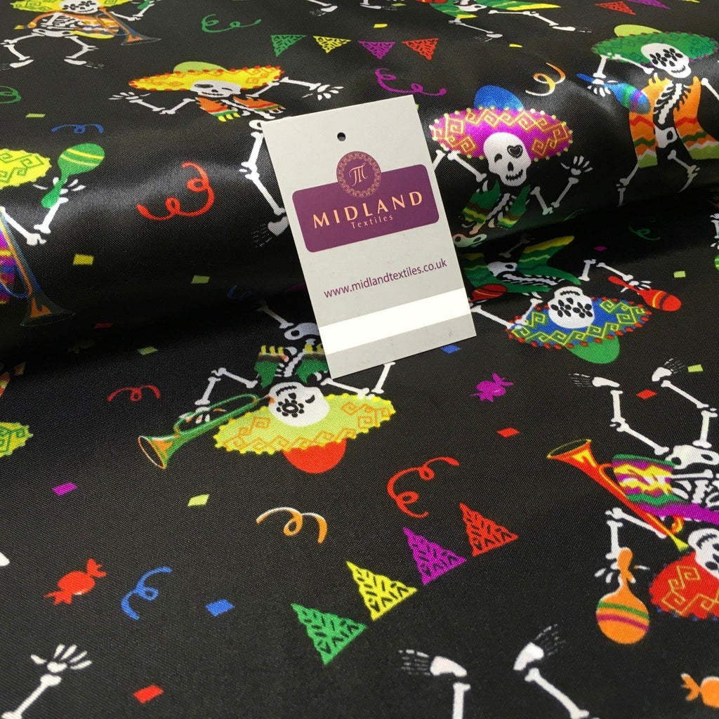 Black Satin Printed Mexican Halloween Skeleton Fabric 58