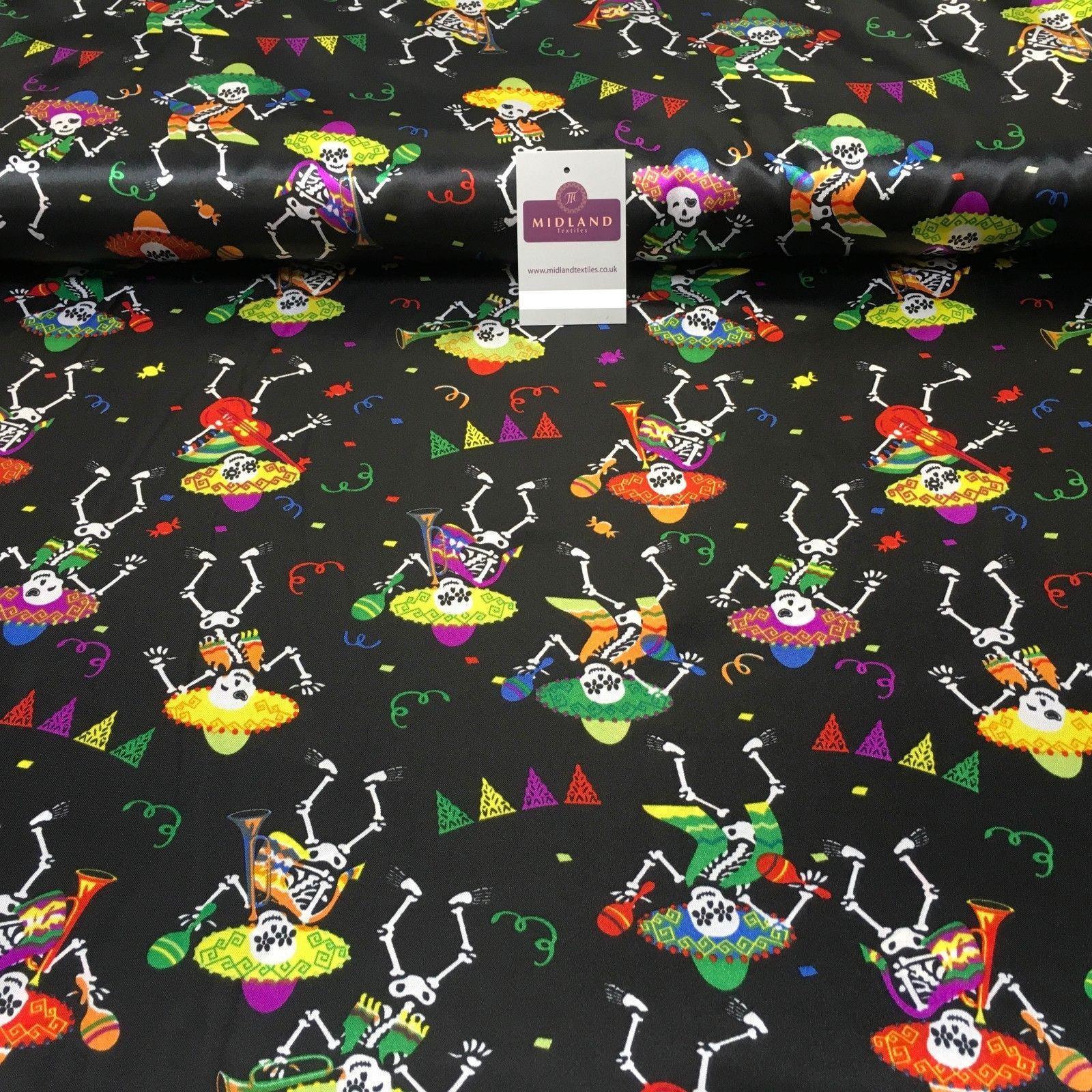 Black Satin Printed Mexican Halloween Skeleton Fabric 58' Wide MH950 Mtex