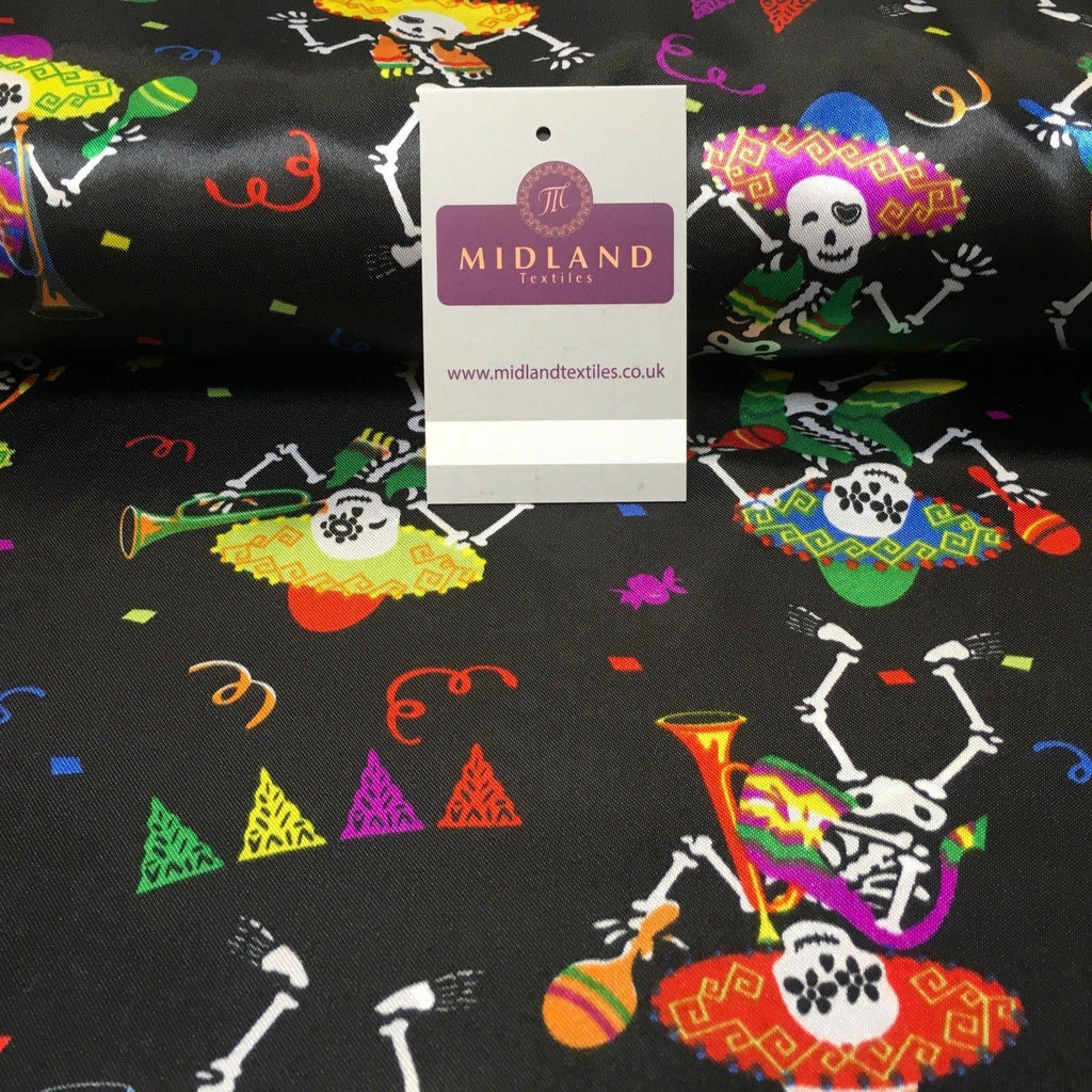 Black Satin Printed Mexican Halloween Skeleton Fabric 58