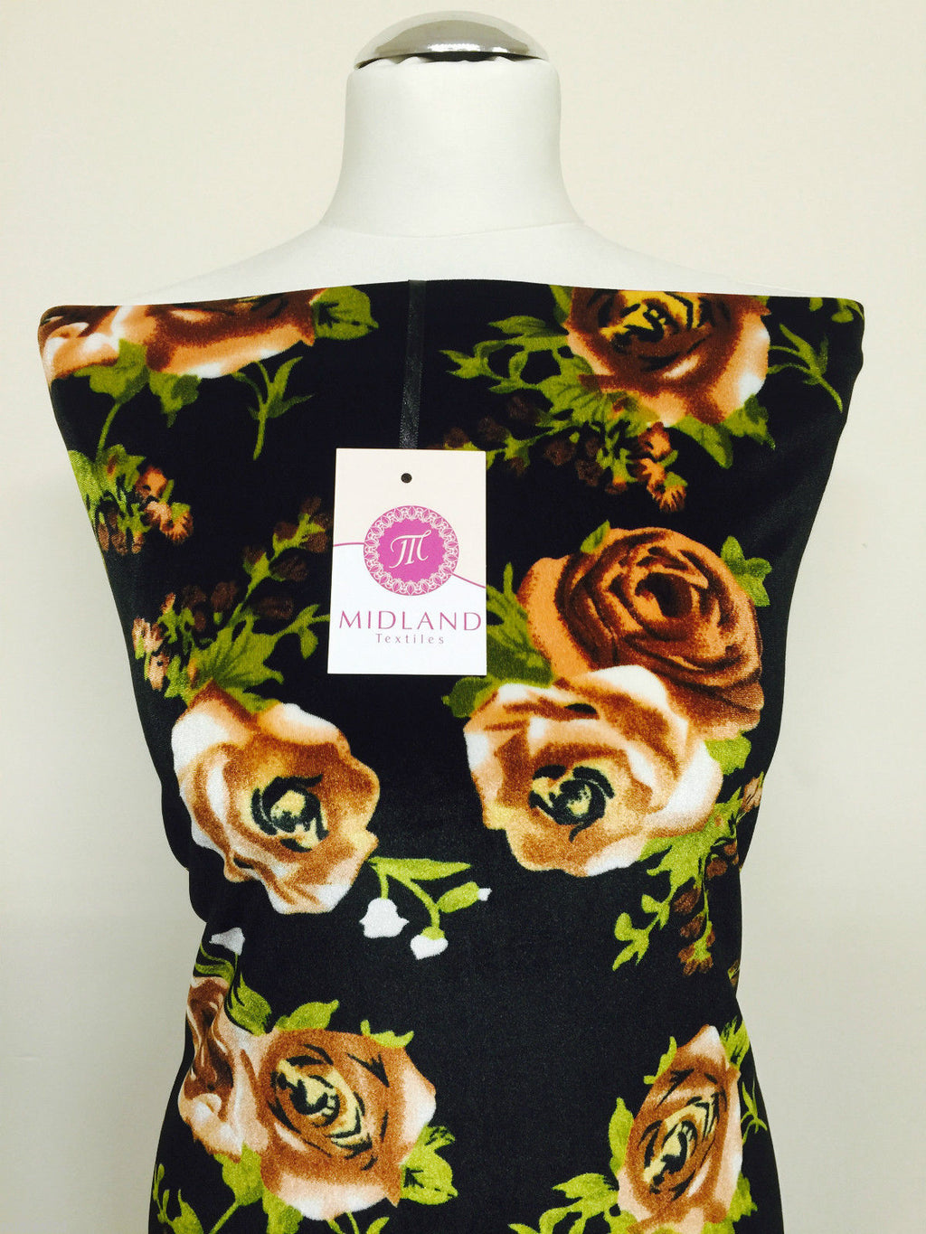 Black Floral Silky Rose Print Spandex Velvet Four Way Stretch 58