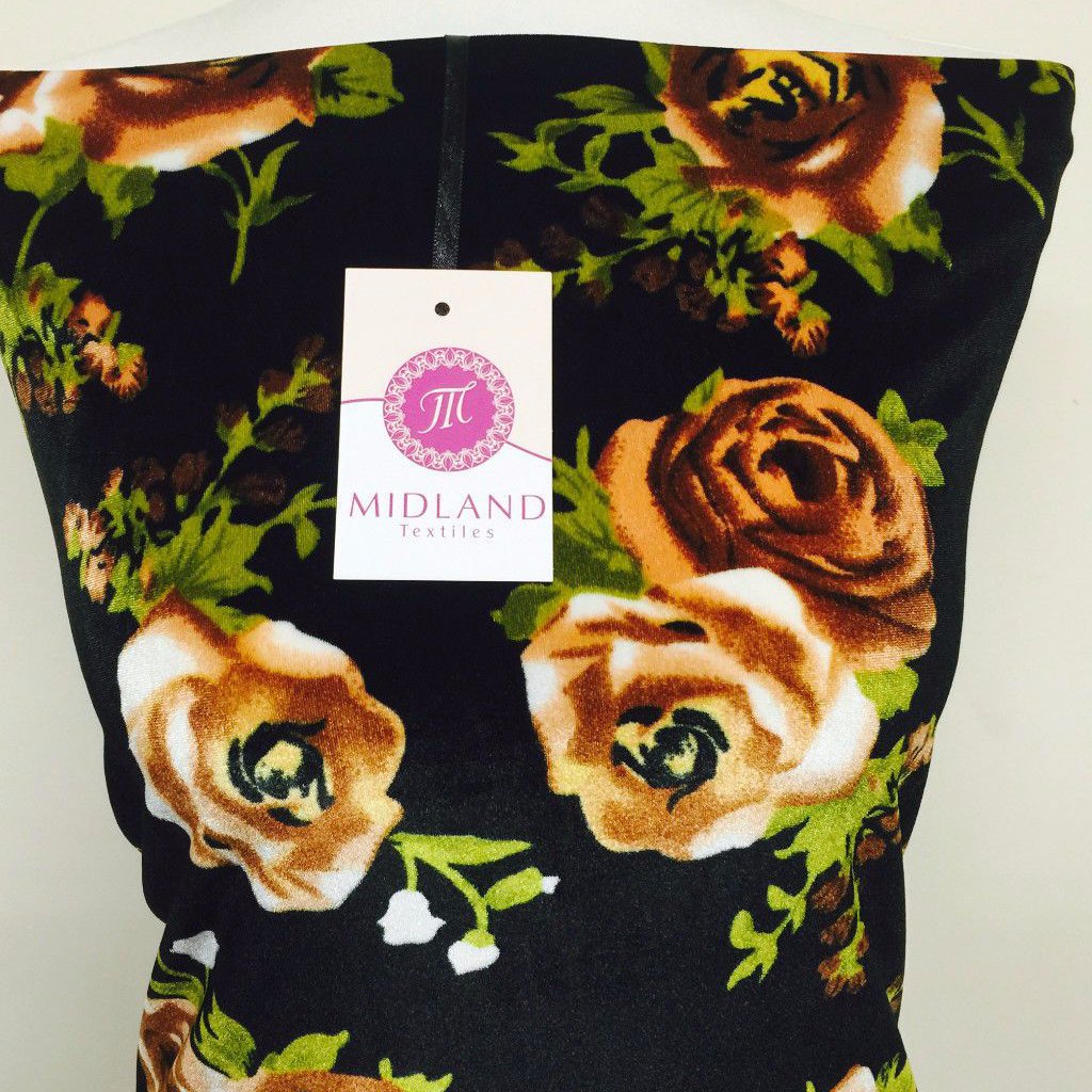 Black Floral Silky Rose Print Spandex Velvet Four Way Stretch 58