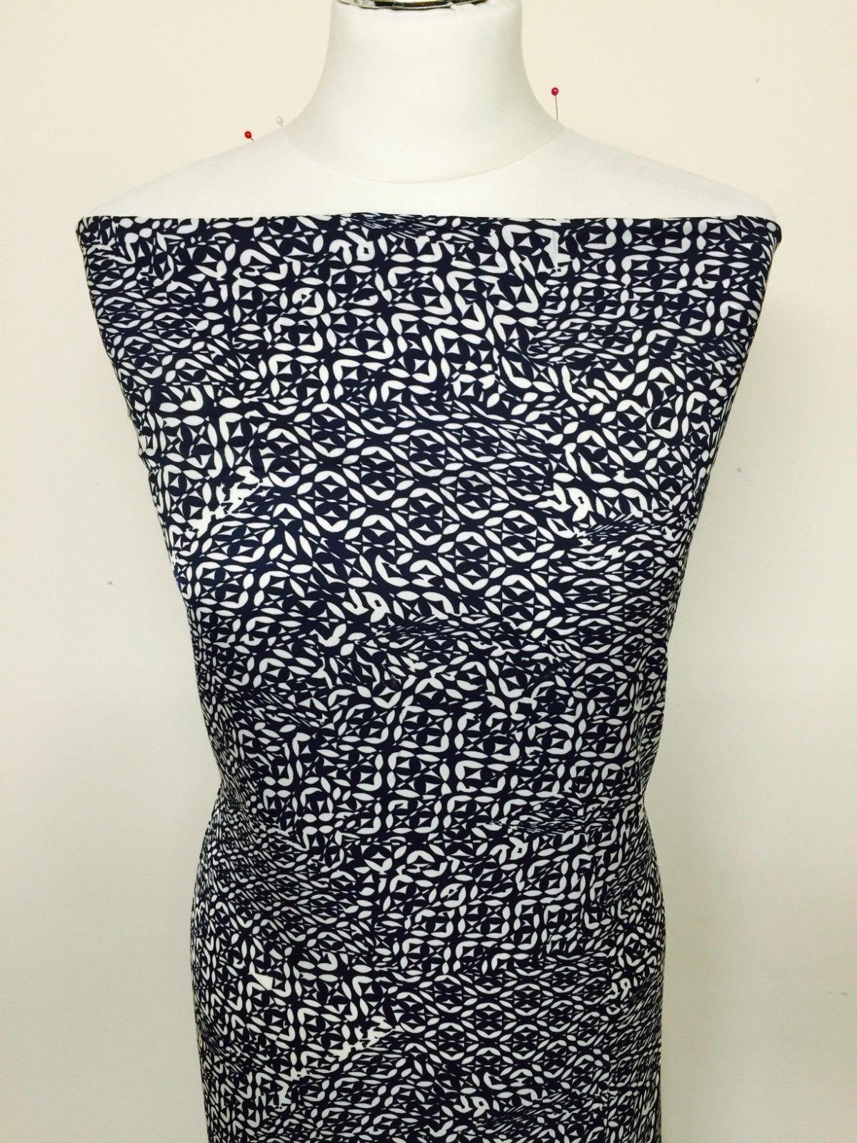 Navy and White aztec print silky polyester Satin crepe fabric 58' Wide M145-30