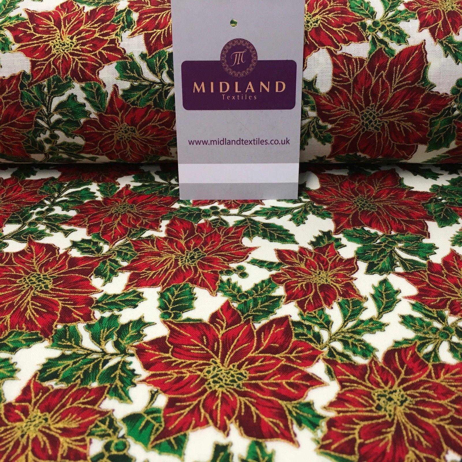 Ivory red gold Floral Festive Flowers Printed 100% Cotton fabric 58' MH980 Mtex