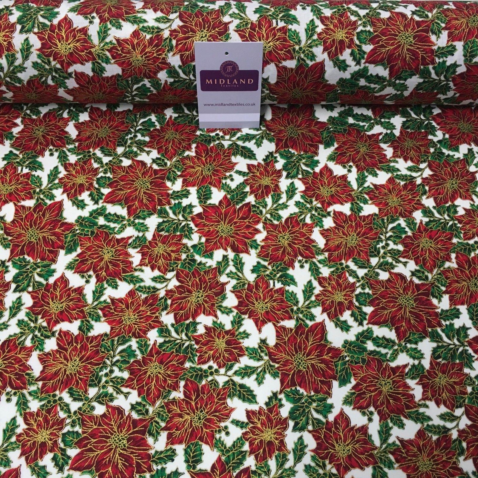Ivory red gold Floral Festive Flowers Printed 100% Cotton fabric 58' MH980 Mtex