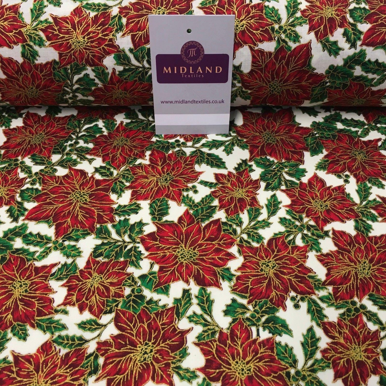 Ivory red gold Floral Festive Flowers Printed 100% Cotton fabric 58' MH980 Mtex