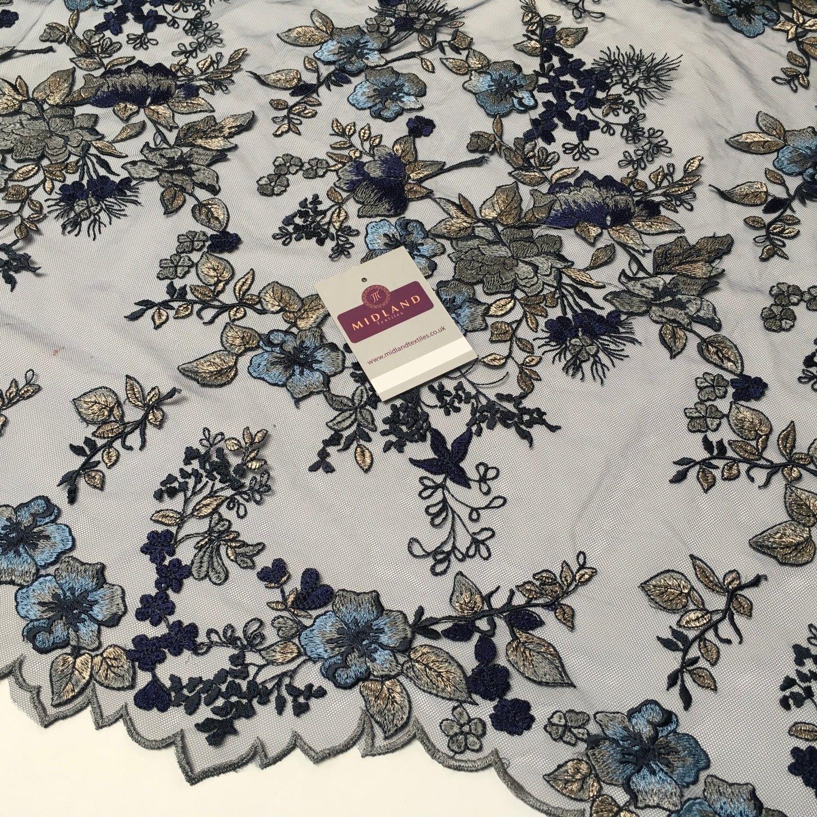 Navy Metallic embroidered Double Scalloped Net dress fabric 55' Wide MV987 Mtex