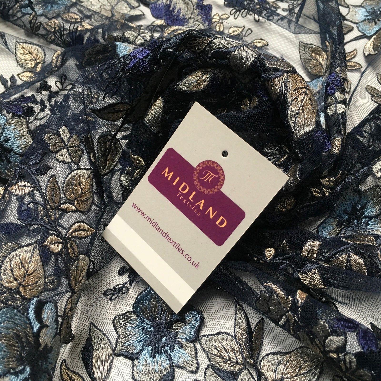 Navy Metallic embroidered Double Scalloped Net dress fabric 55' Wide MV987 Mtex