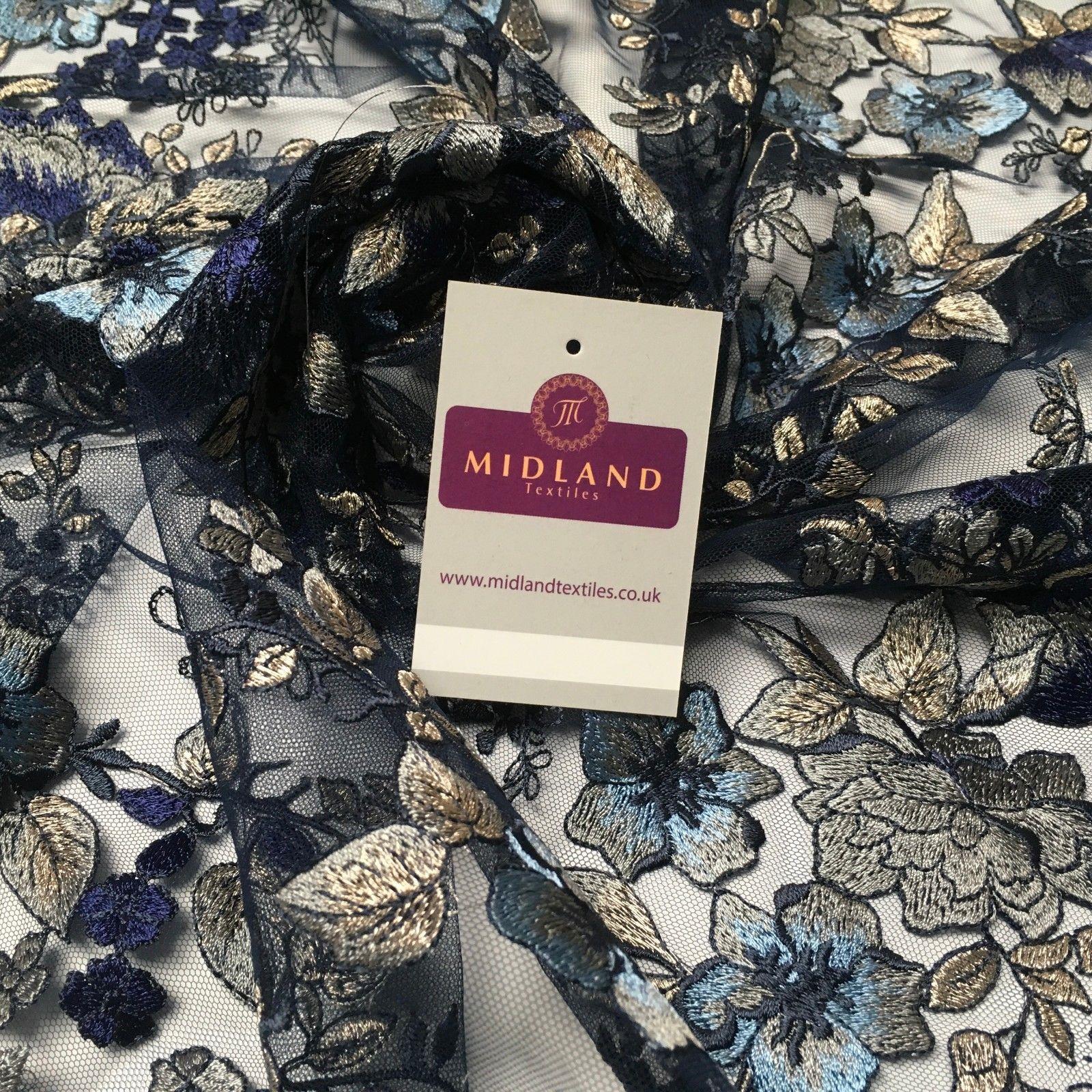 Navy Metallic embroidered Double Scalloped Net dress fabric 55' Wide MV987 Mtex