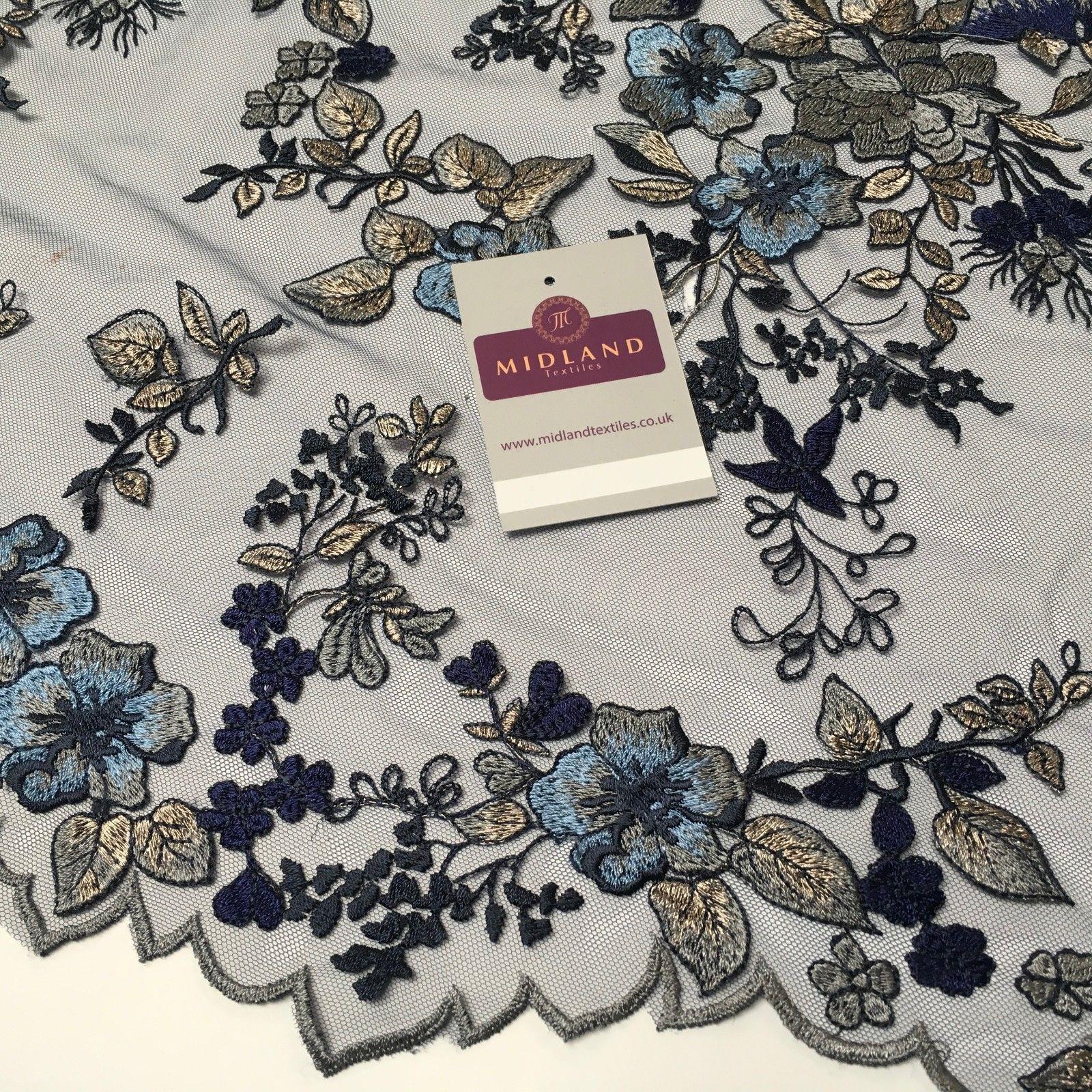 Navy Metallic embroidered Double Scalloped Net dress fabric 55' Wide MV987 Mtex