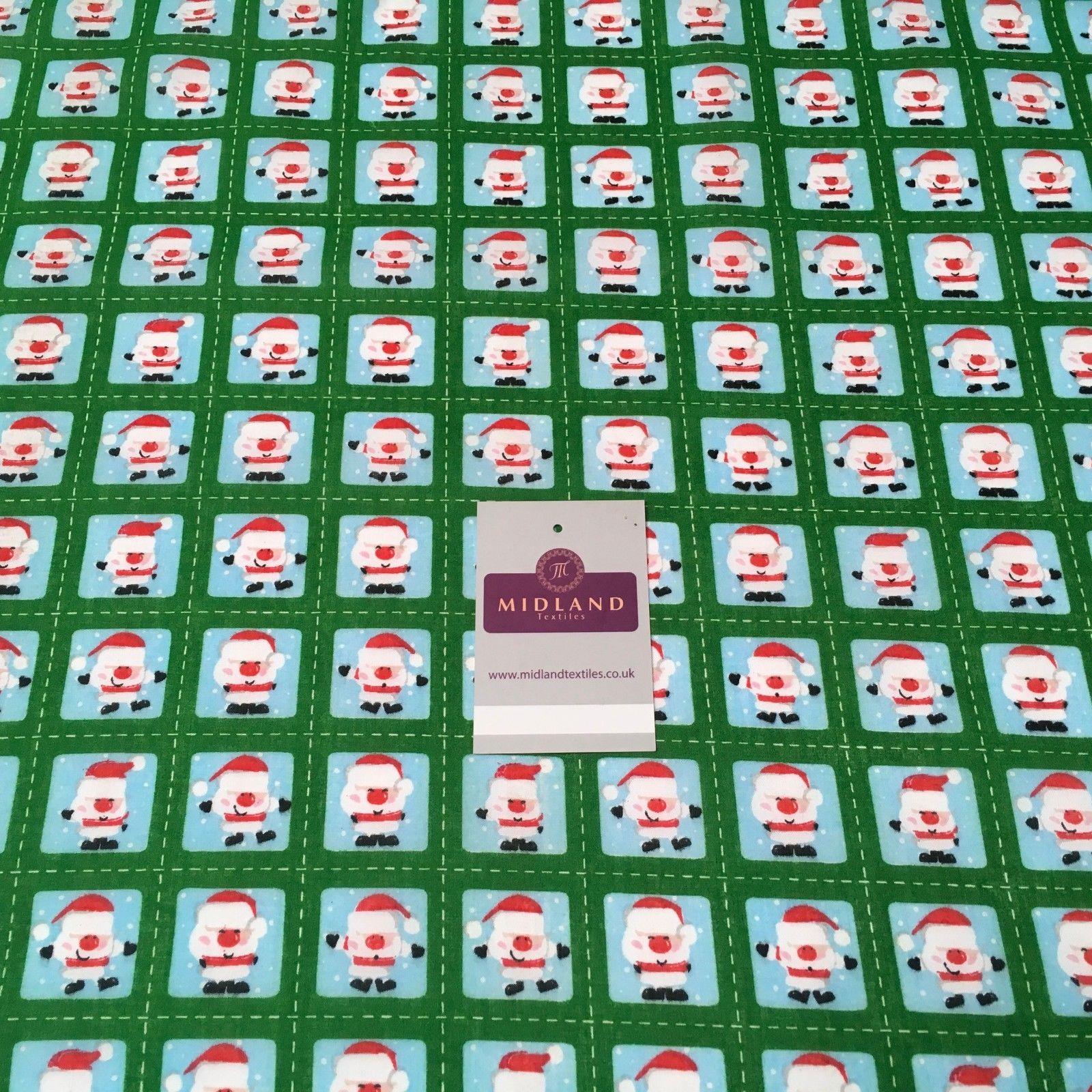 Green Stamp Santa Christmas Polycotton Printed fabric 44' Wide MD1002-1