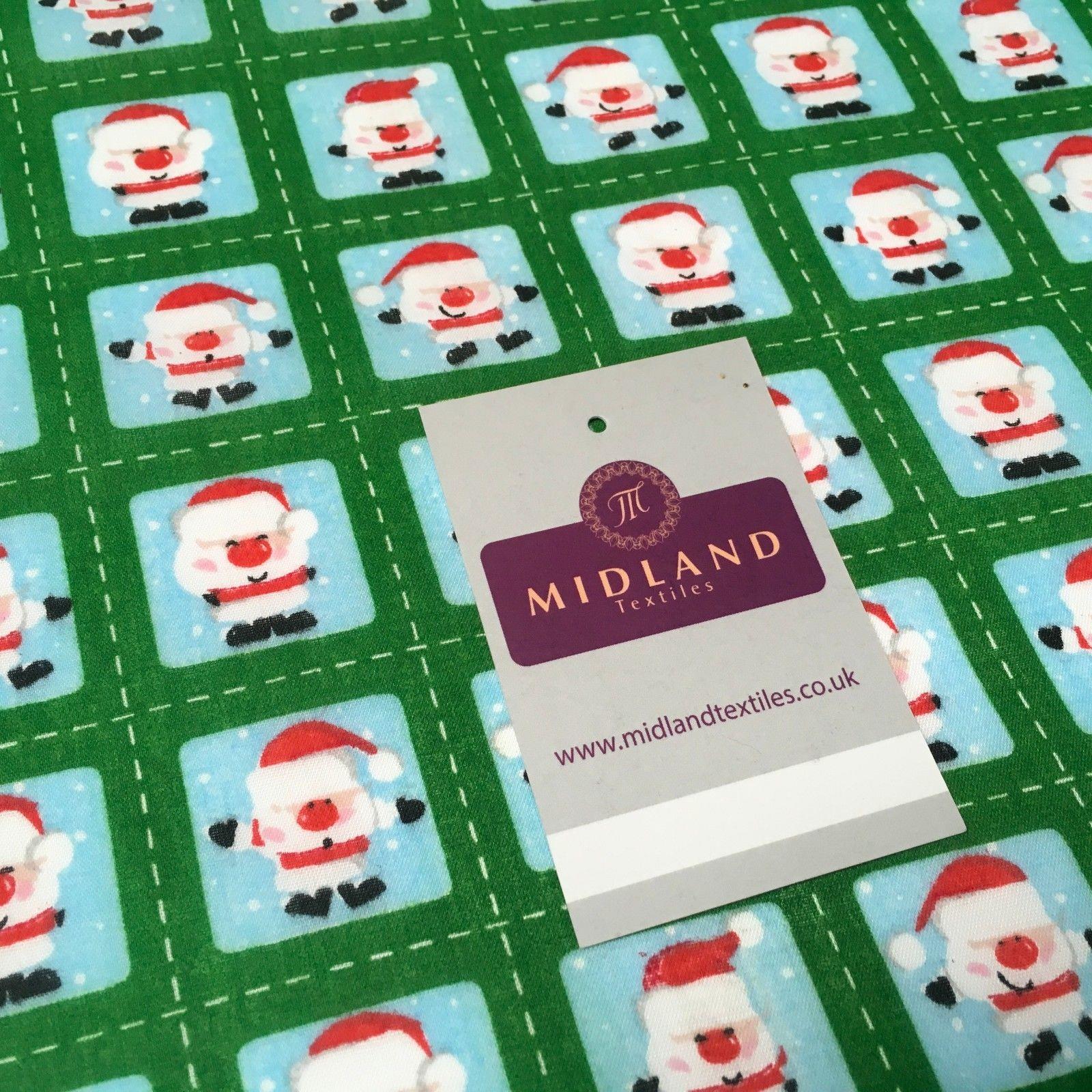 Green Stamp Santa Christmas Polycotton Printed fabric 44' Wide MD1002-1