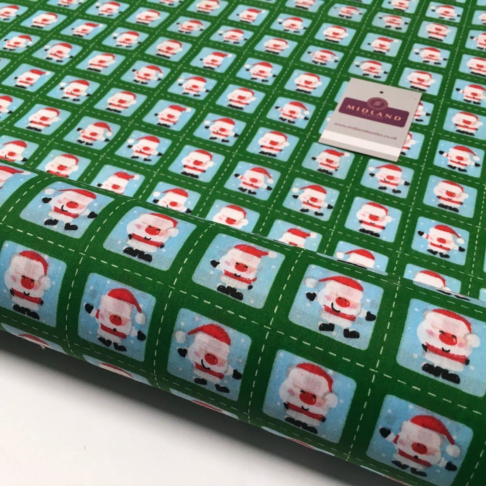 Green Stamp Santa Christmas Polycotton Printed fabric 44' Wide MD1002-1