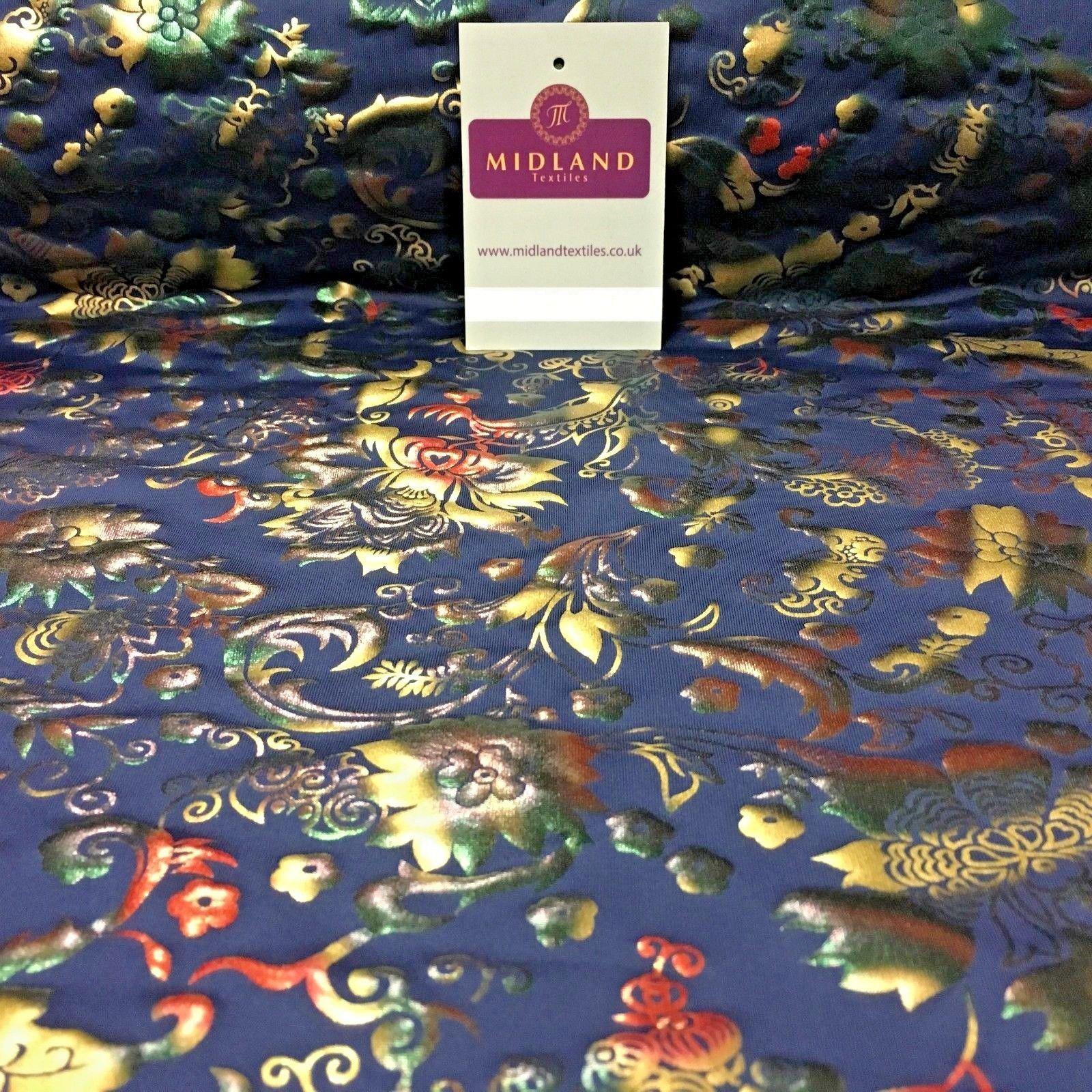 Navy Multicoloured Spandex Jersey Floral Foil Print Dress fabric 58' MU1023-1