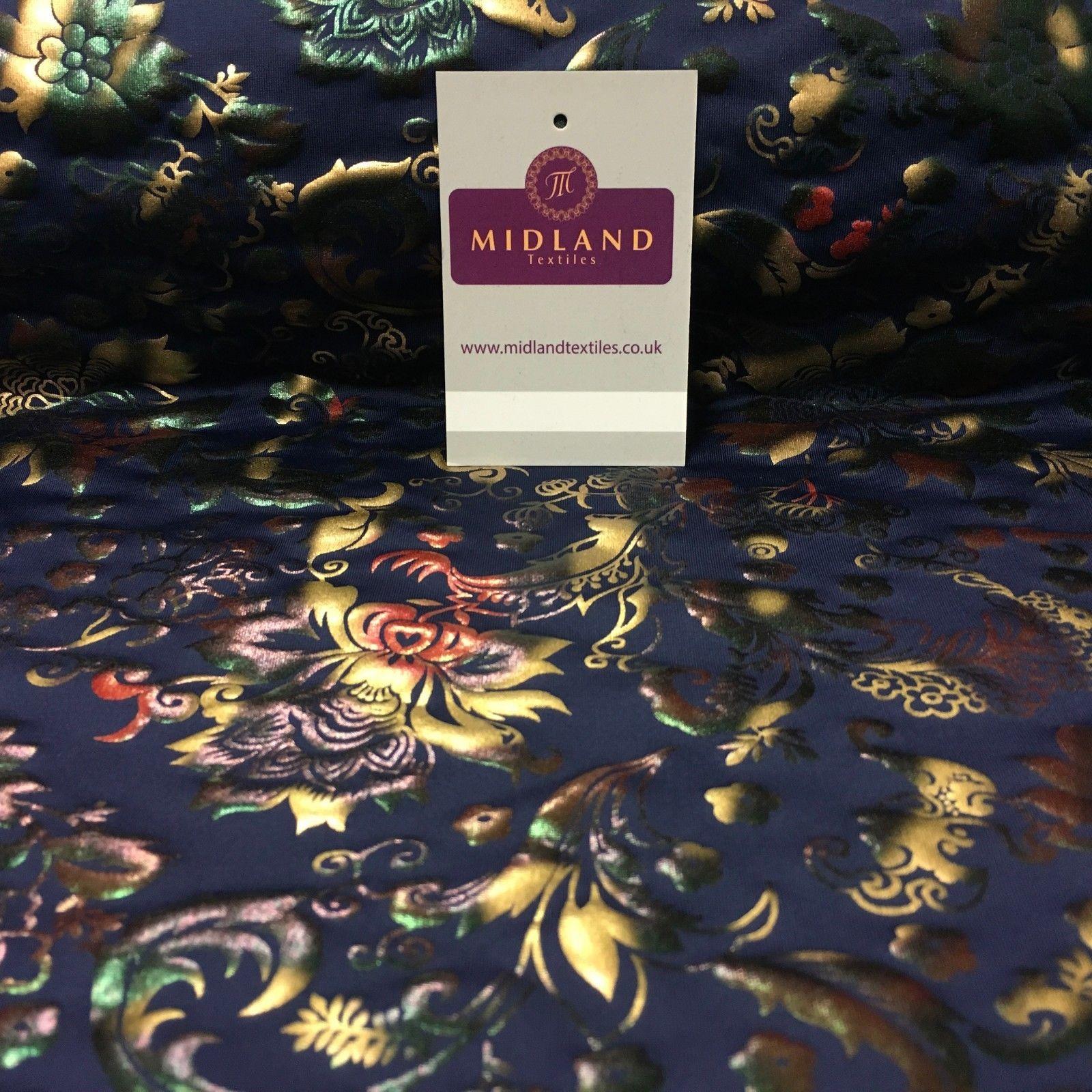 Navy Multicoloured Spandex Jersey Floral Foil Print Dress fabric 58' MU1023-1