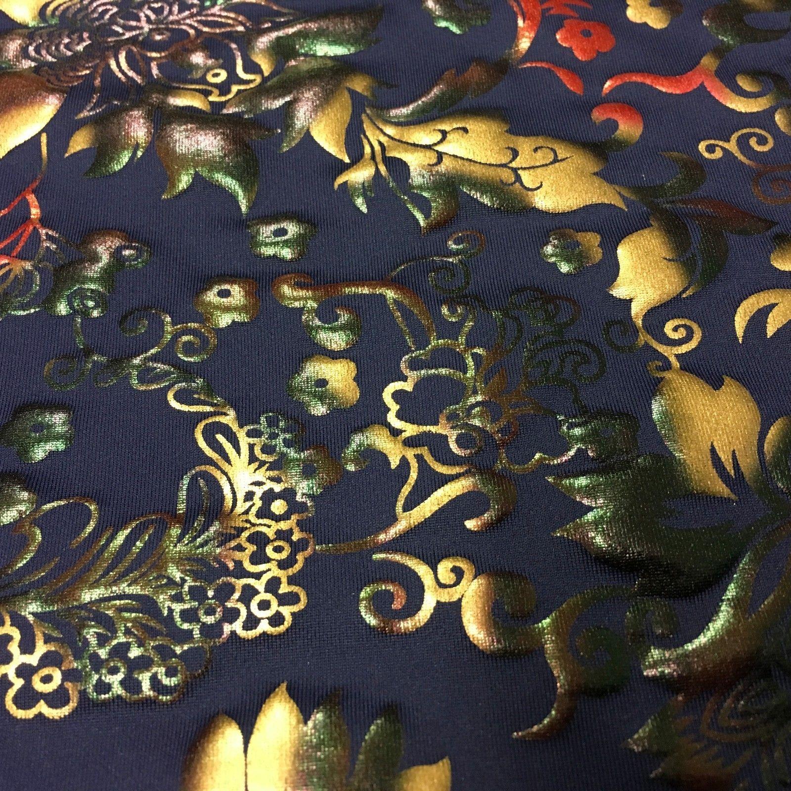 Navy Multicoloured Spandex Jersey Floral Foil Print Dress fabric 58' MU1023-1
