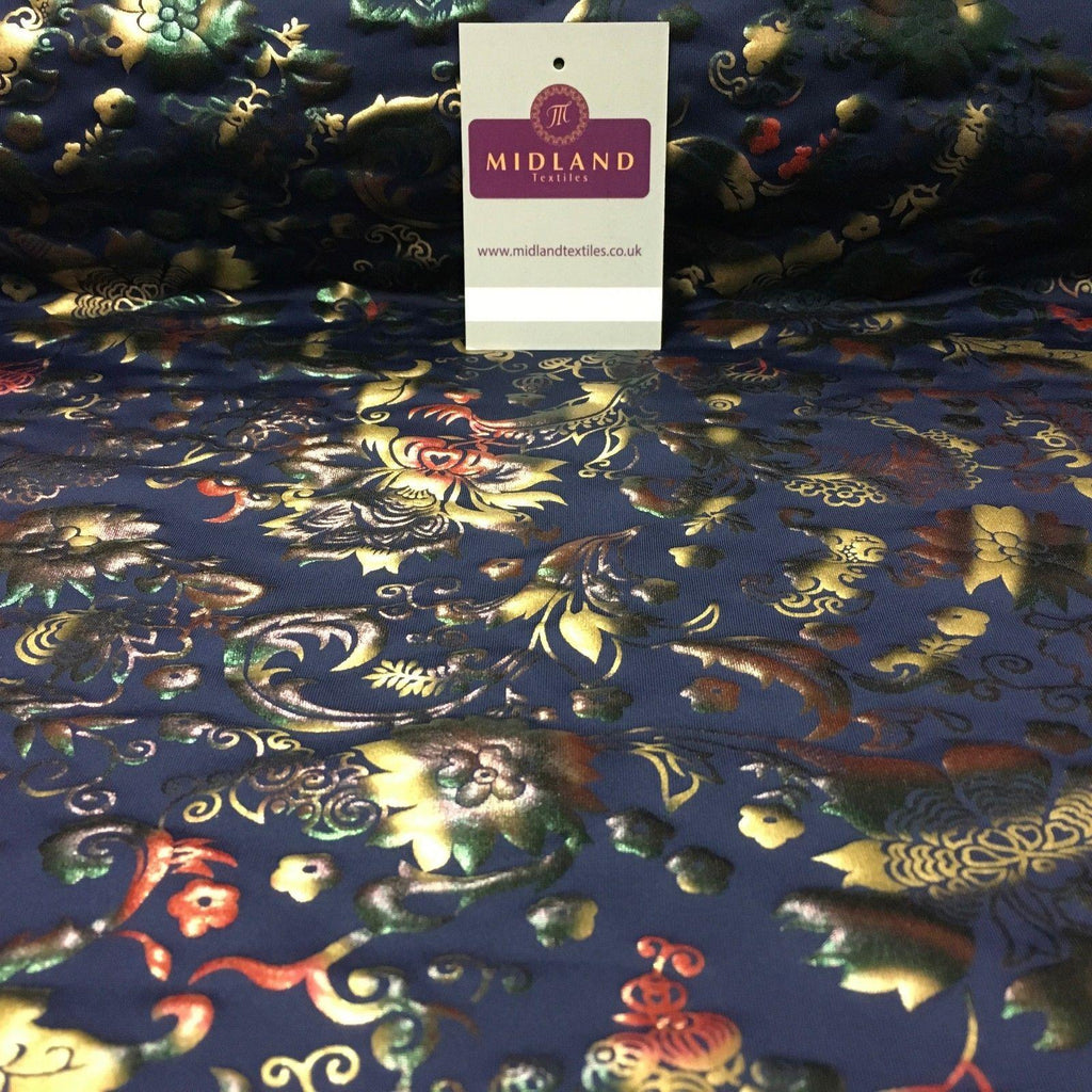 Navy Multicoloured Spandex Jersey Floral Foil Print Dress fabric 58