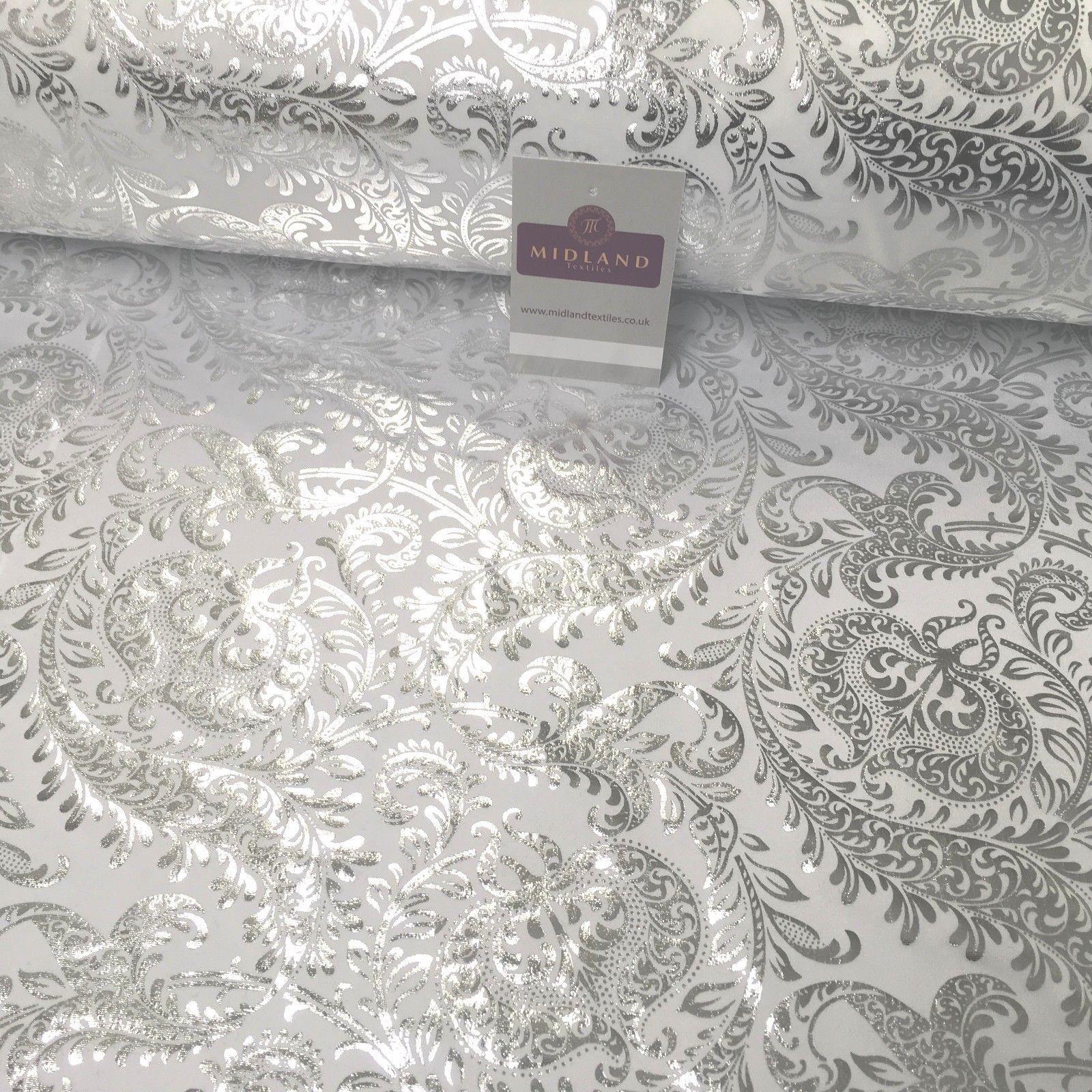 White Silver Ornamental Foil Print Poly Spandex Jersey Dress Fabric 58' MU1021-1