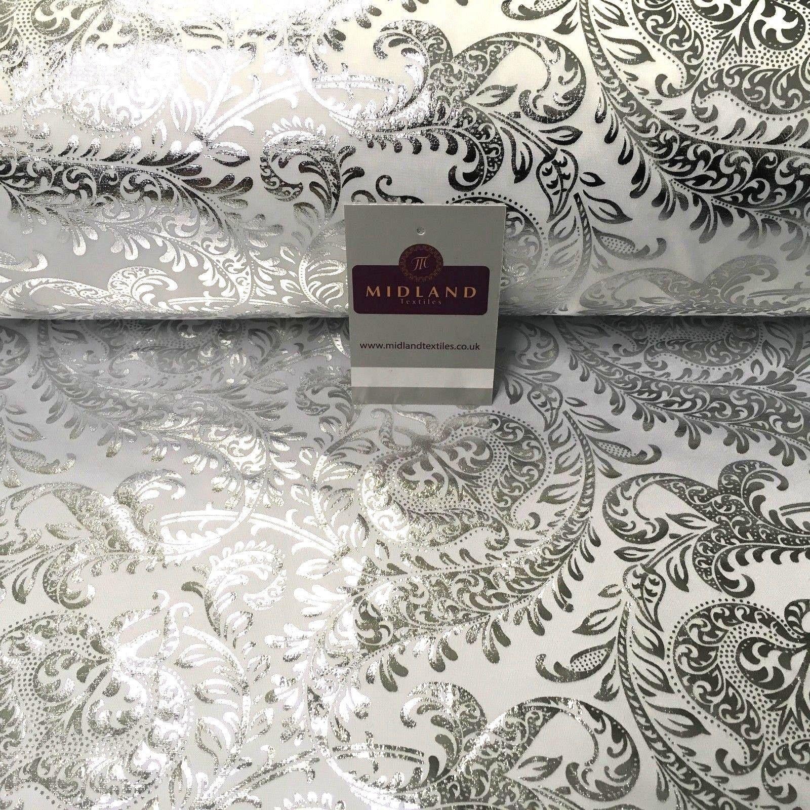 White Silver Ornamental Foil Print Poly Spandex Jersey Dress Fabric 58' MU1021-1