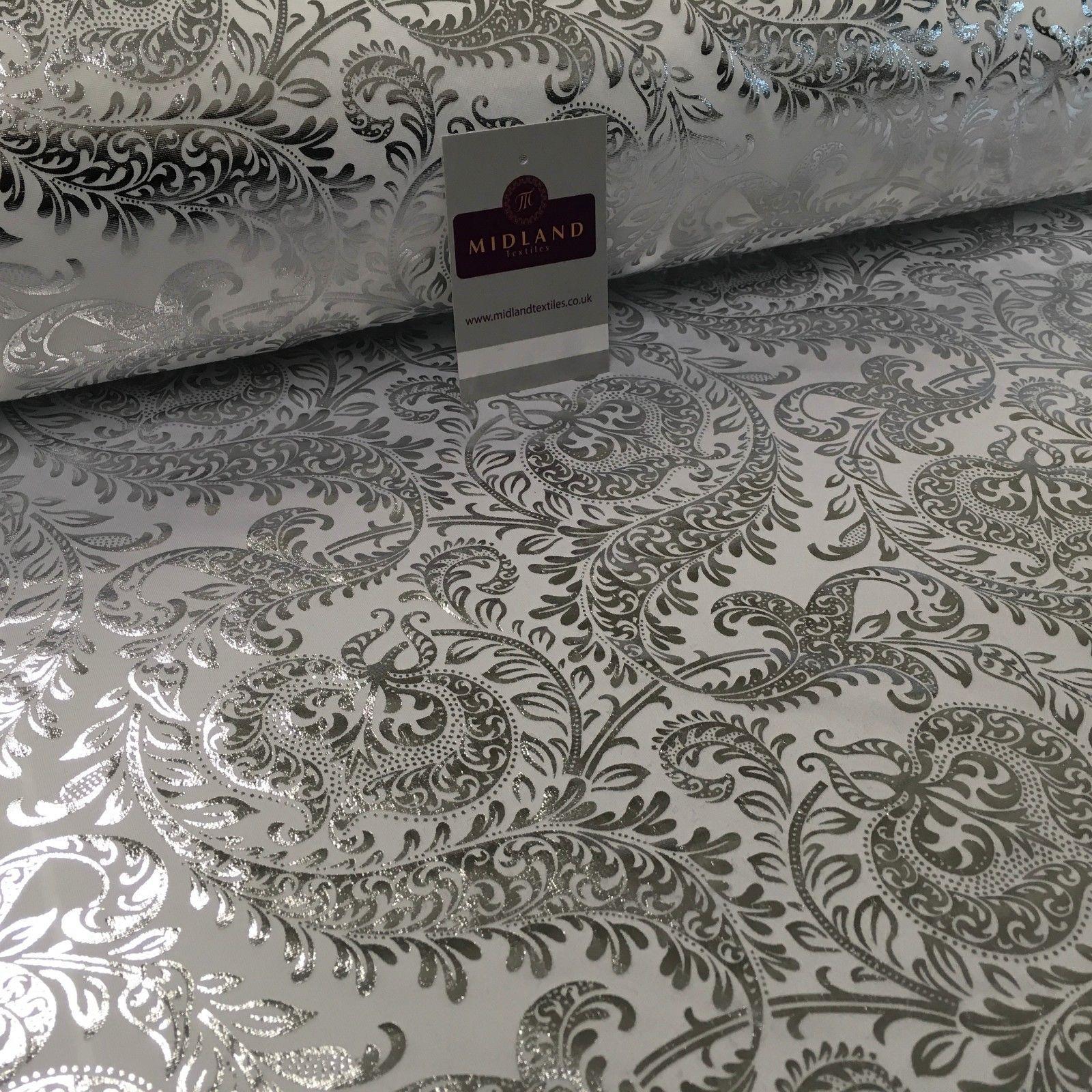 White Silver Ornamental Foil Print Poly Spandex Jersey Dress Fabric 58' MU1021-1