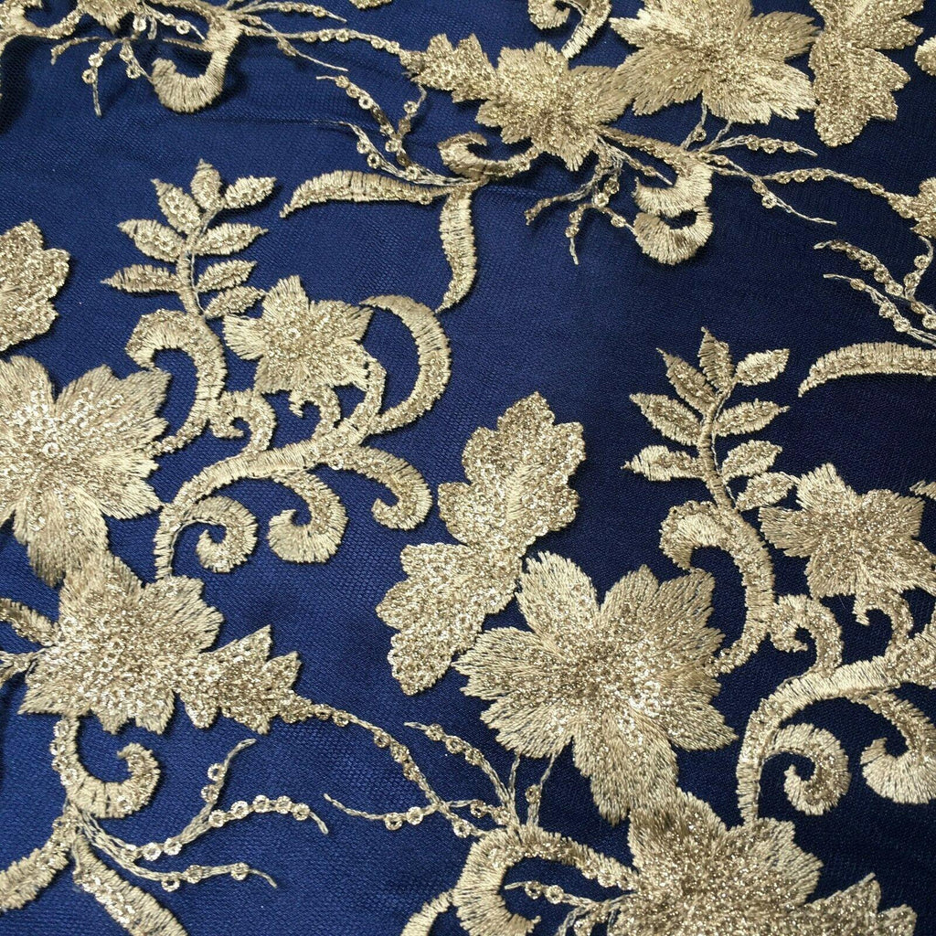 Floral Double Scalloped Gold Thread Embroidered Net Fabric 120cm Wide MJ1070