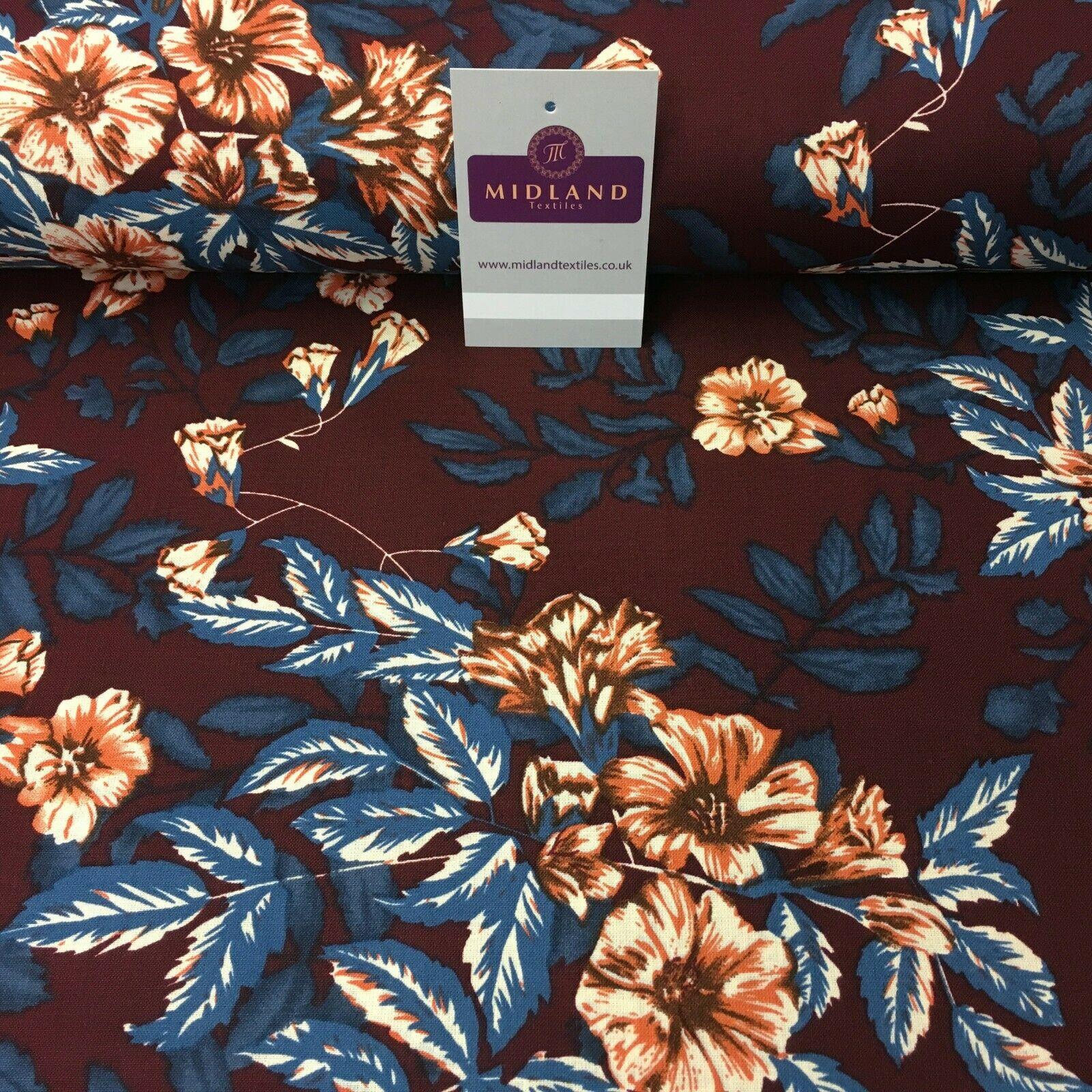 Wine Teal Floral Printed Cotton Linen Dress Fabric 150cm Wide MK1086-9